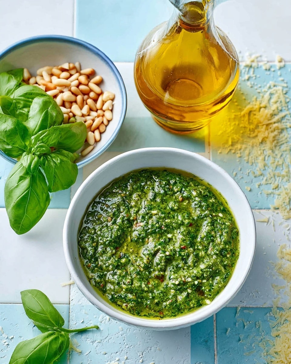 A white bowl filled with thick, green pesto sauce showing a coarse texture with small bits of nuts and herbs spread evenly, placed on a blue-and-white checkered surface now changed to a white marbled texture. Below, there is another white bowl holding a small pile of golden-brown pine nuts and a few fresh dark green basil leaves on one side. To the right, there is a clear glass jug of golden-yellow olive oil with a small amount spilled around its base, all sitting on the white marbled surface. Photo taken with an iphone --ar 4:5 --v 7