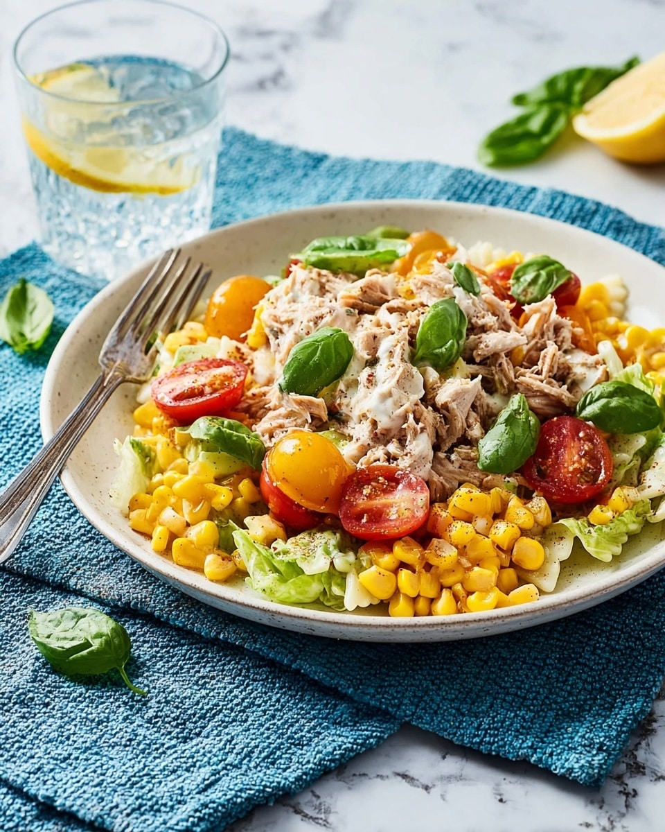 A white plate filled with a colorful pasta salad placed on a blue cloth over a white marbled surface shows three main layers. The base layer consists of pale yellow penne pasta tossed with light green chopped celery and small bright yellow corn kernels. On top of this base, there are several small pieces of shredded light brown tuna and sliced red cherry tomatoes scattered evenly. The whole dish is lightly drizzled with a creamy white dressing, visible as thin uneven streaks, and small fresh green basil leaves are placed on the top and scattered around the plate for garnishing. A metal fork rests on the left edge of the plate, and a glass of water with a lemon slice is visible in the background. photo taken with an iphone --ar 4:5 --v 7