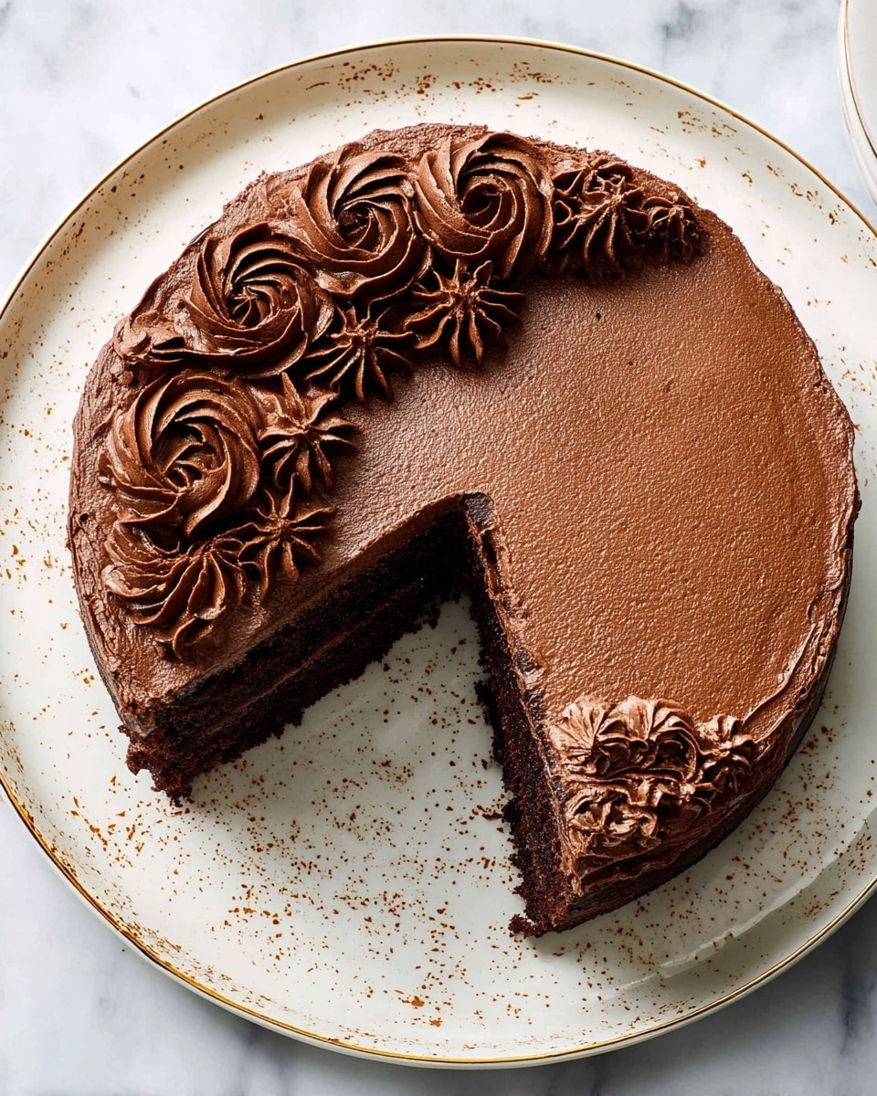 A round chocolate cake with one slice missing is placed on a white plate with fine black speckles and a thin gold rim, set on a white marbled surface. The cake has two visible layers of dark chocolate sponge separated and covered by a smooth, rich chocolate frosting. The top half of the cake is decorated with swirls and rosettes of darker, thicker chocolate frosting, adding texture and depth. The rest of the top surface is smoothly frosted with the same dark chocolate, leaving a clean contrast between the decorated and plain areas. Photo taken with an iphone --ar 4:5 --v 7