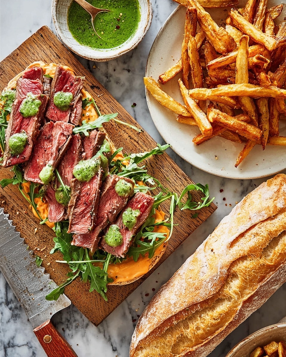 The image shows an open steak sandwich on a long, crusty white bread placed on a wooden board. The sandwich has three layers: the bottom layer with a creamy orange sauce spread over the bread, the middle layer with thick slices of medium-rare steak that show a pink center and grilled marks, and the top layer with dollops of bright green herb sauce and fresh green arugula leaves scattered on top. Next to the sandwich, there is a pile of golden, crispy French fries in a white bowl, seasoned lightly with pepper. Above the fries, a small gray bowl holds extra green herb sauce with a metal spoon inside. A serrated knife with a wooden handle lies in front of the board, cutting space clear. The whole setup is on a white marbled surface. Photo taken with an iphone --ar 4:5 --v 7