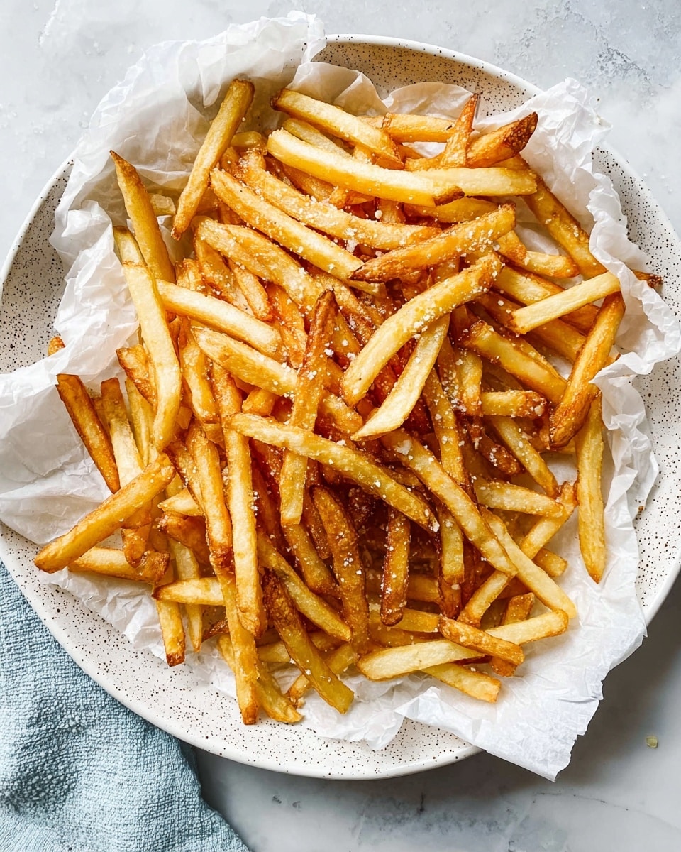 A large pile of thin, golden french fries with some darker crispy edges, sprinkled lightly with coarse salt and placed on crumpled white parchment paper. The fries are arranged unevenly in a round white plate, which rests on a white marbled surface. The fries show different shades of yellow and light brown, with a crunchy texture visible on the edges and smoother pale centers. photo taken with an iphone --ar 4:5 --v 7