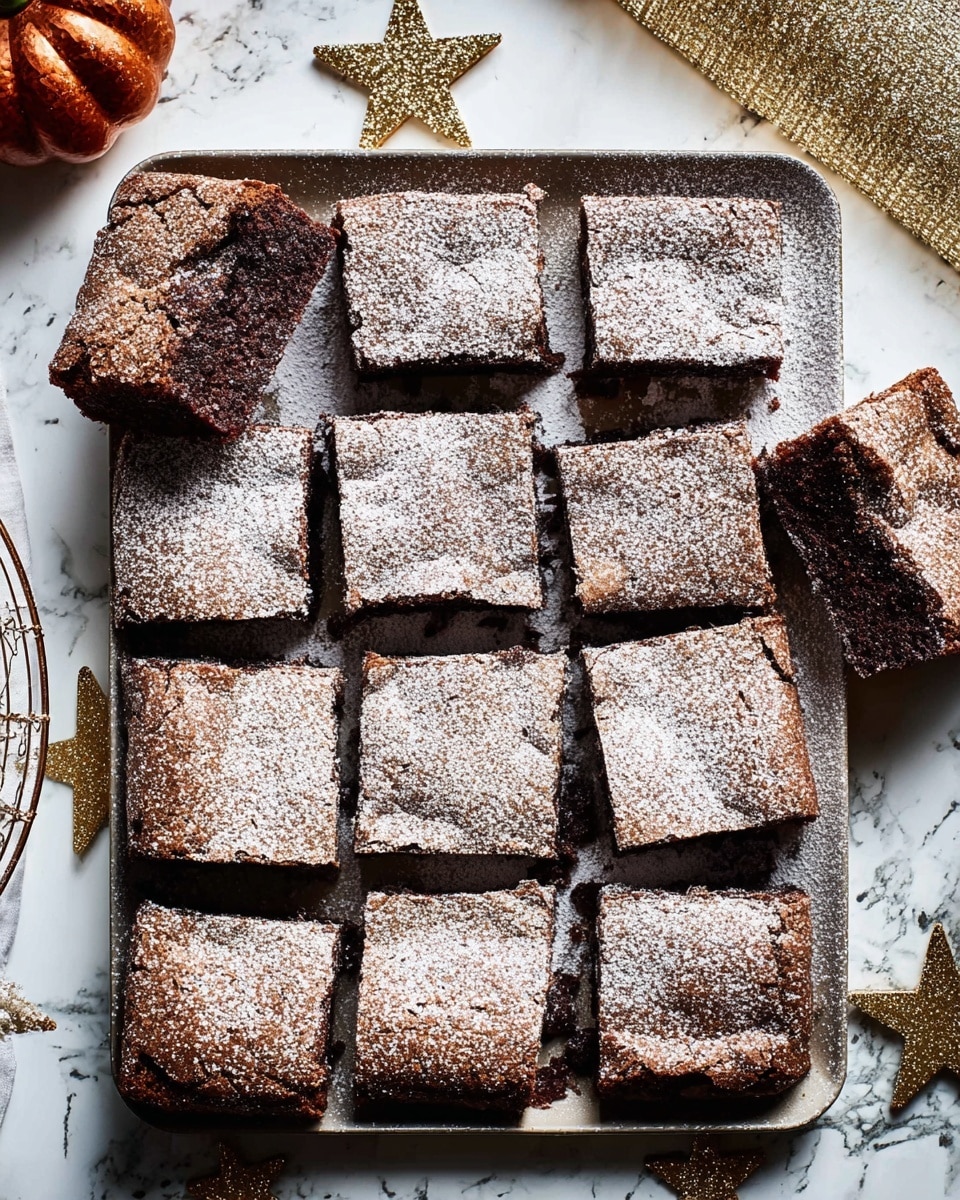 The image shows a white tray with twelve square pieces of chocolate cake arranged in a 3x4 grid on a sheet of parchment paper. Each cake piece has a crumbly, powdered sugar-like topping that creates a light dusty layer on the darker, rich chocolate base. The texture on top looks slightly cracked and crisp, while the inside of one piece, turned on its side, reveals a moist, dense, and dark chocolate interior. The tray rests on a white marbled surface, with small crumbs scattered around it. Nearby decorative objects include a brown star-shaped ornament and a bronze-colored, vintage-looking bauble. photo taken with an iphone --ar 4:5 --v 7