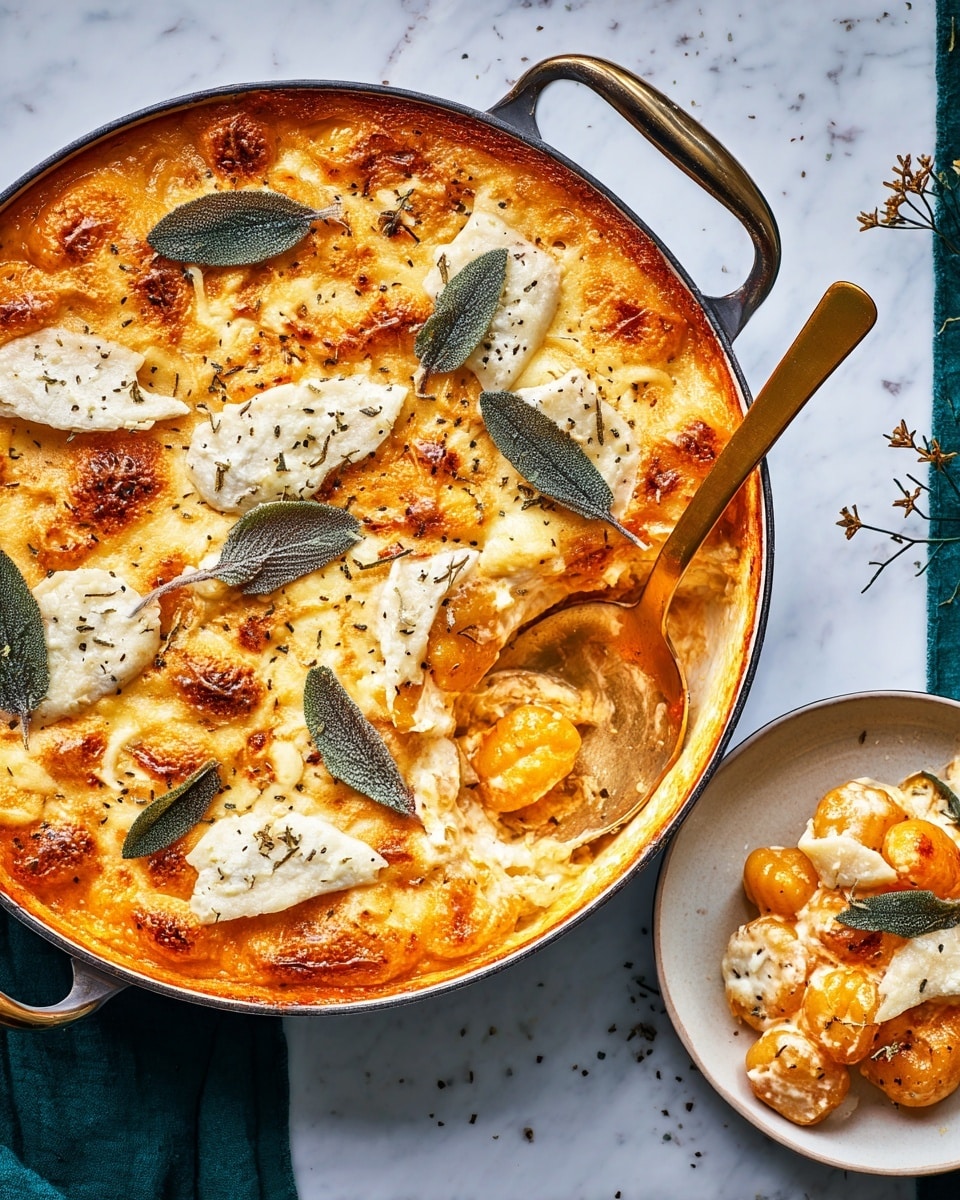 The image shows a round black pot filled with baked creamy pasta topped with melted golden brown cheese and uneven slices of soft white brie with light brown edges, scattered with whole sage leaves and black pepper. The pasta beneath is rich orange in color with a smooth, creamy texture visible where the pasta has been scooped with a long golden spoon resting inside the pot. A white plate to the side holds a serving of the same pasta mix with brie and a sage leaf. The pot and plate sit on a dark teal surface with a dark green cloth nearby, all arranged against a white marbled background. photo taken with an iphone --ar 4:5 --v 7