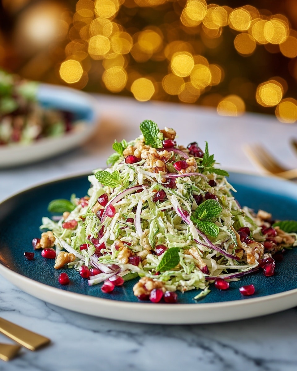 A large mound of colorful salad sits on a white plate with a slight blue tint, placed on a white marbled surface. The salad has three main layers: the base is shredded light green cabbage mixed with pale green mint leaves, the middle layer consists of thin light purple onion slices, and the top layer is sprinkled with small bright red pomegranate seeds and medium brown walnut pieces. The texture looks fresh and crunchy, with a variety of colors making the dish look vibrant and appetizing. In the background, blurred gold spoons and star-shaped decorations add a festive feel. photo taken with an iphone --ar 4:5 --v 7