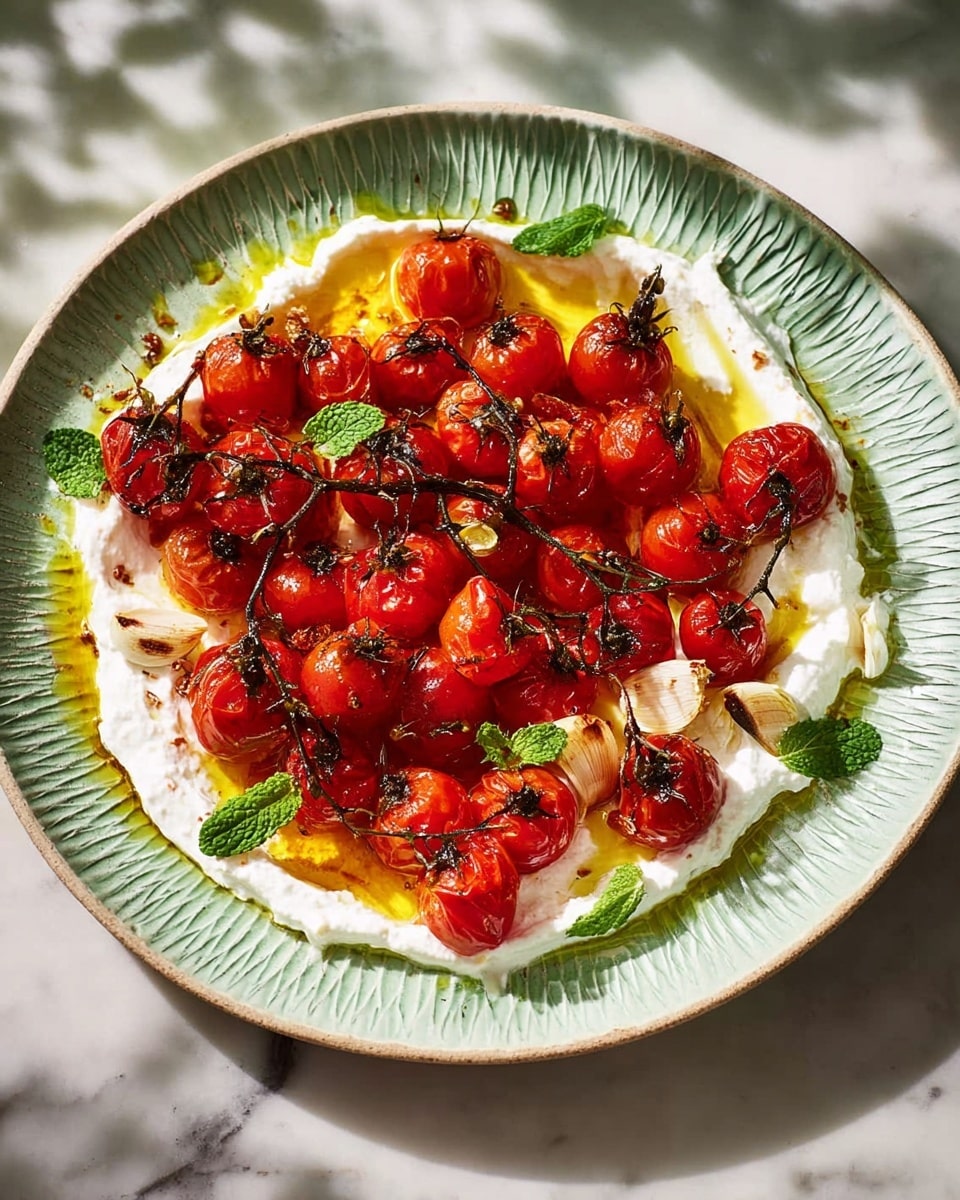 A white plate with a wavy pattern holds a dish with two main layers. The bottom layer is white and creamy, likely soft cheese or yogurt, spread over the plate in a rough circular shape. On top, there is a cluster of bright red roasted cherry tomatoes still on their dark green vine branches, slightly wrinkled with roasted texture. Scattered around the tomatoes are small pieces of thinly sliced pale garlic, chopped red chili slices, fresh green mint leaves, and a drizzle of golden olive oil pooling around the edges. The whole plate is set on a white marbled surface with soft shadows. photo taken with an iphone --ar 4:5 --v 7