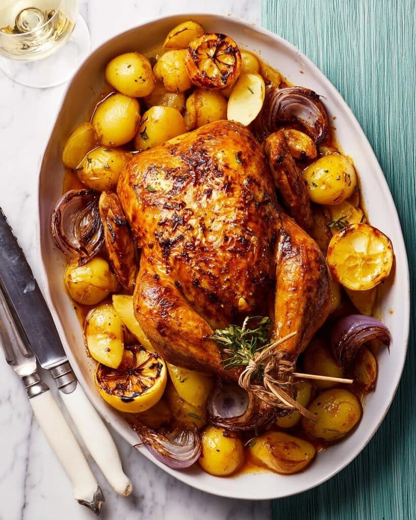 Roast Souvlaki-Spiced Chicken with Potatoes and Red Onions Recipe