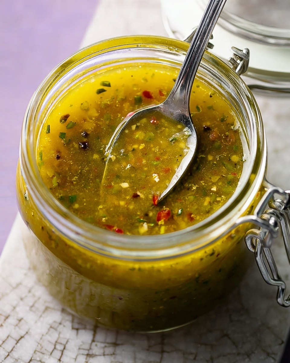 A close-up view inside a clear glass jar filled with a yellow-green sauce mixed with small bits of herbs and red pepper flakes, giving a speckled texture on the smooth liquid surface. A silver spoon is standing vertically in the jar, its handle visible and showing some sauce on it. The jar is placed on a green surface, but imagine it on a white marbled texture instead. The jar has a white ceramic lid attached by metal clasps. photo taken with an iphone --ar 4:5 --v 7