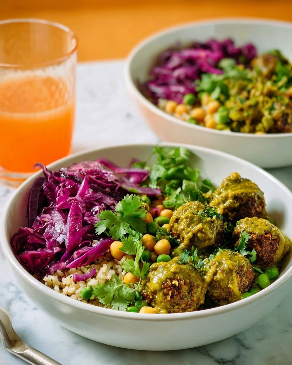 The image shows two white bowls on a white marbled surface, each filled with a colorful dish made of multiple layers. The bottom layer is white rice mixed with green leafy vegetables and chickpeas. On top of the rice, there are several small, round, golden-brown meatballs covered with a green herb sauce. Alongside the meatballs, there is a vibrant purple shredded cabbage salad garnished with fresh green parsley leaves. In the front, near the bowl, there is a clear amber-colored glass filled with a light drink. The overall setting is bright and fresh. photo taken with an iphone --ar 4:5 --v 7