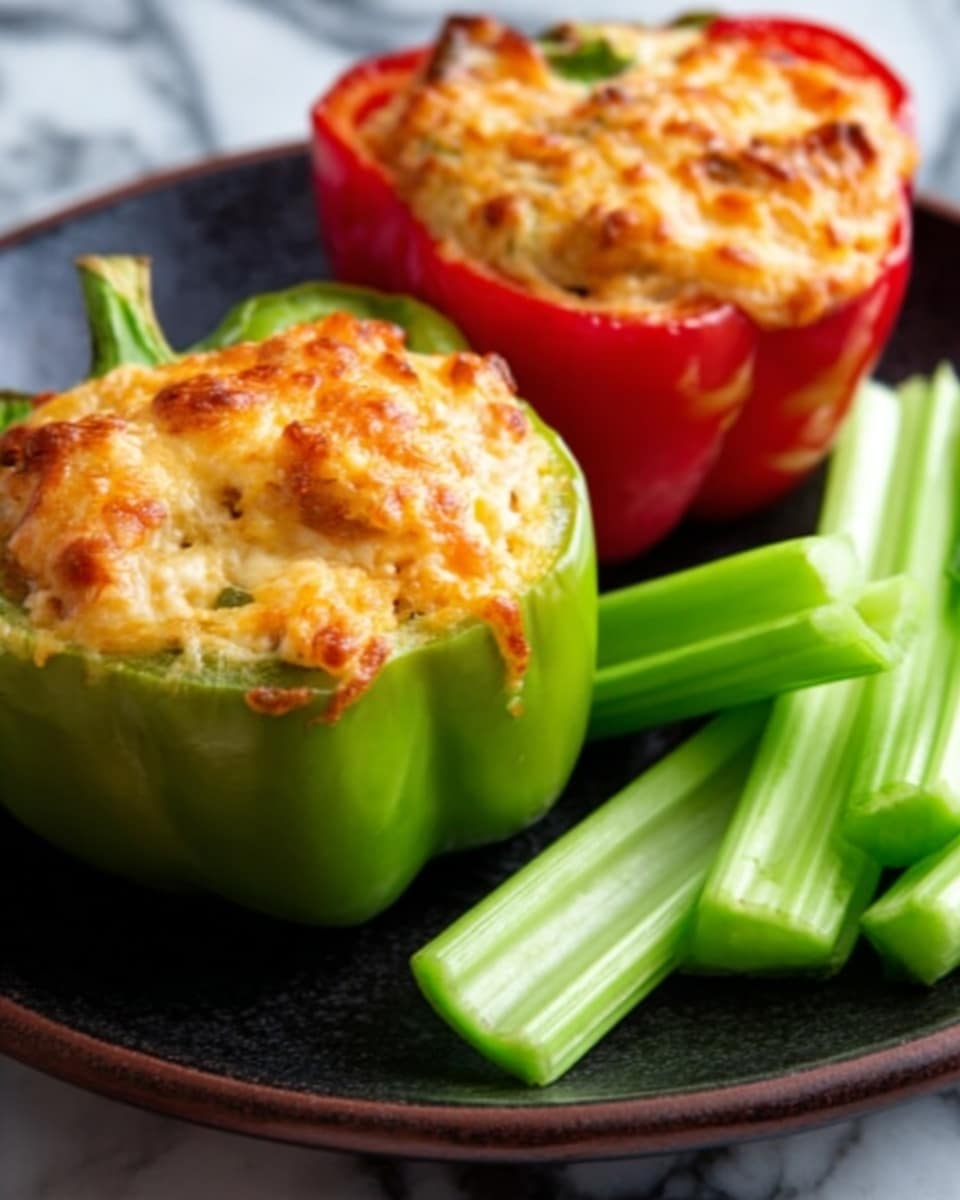 Two stuffed bell peppers, one green and one red, sit on a round white plate. Each pepper is filled with a creamy, light yellow mixture with a golden brown top layer that looks melted and slightly crispy. The green pepper's filling shows a few darker brown spots, while the red pepper's filling is evenly baked with a smooth surface. Around the peppers are six fresh green celery sticks, three on each side, creating a balanced arrangement. The plate rests on a white marbled surface. Photo taken with an iphone --ar 4:5 --v 7