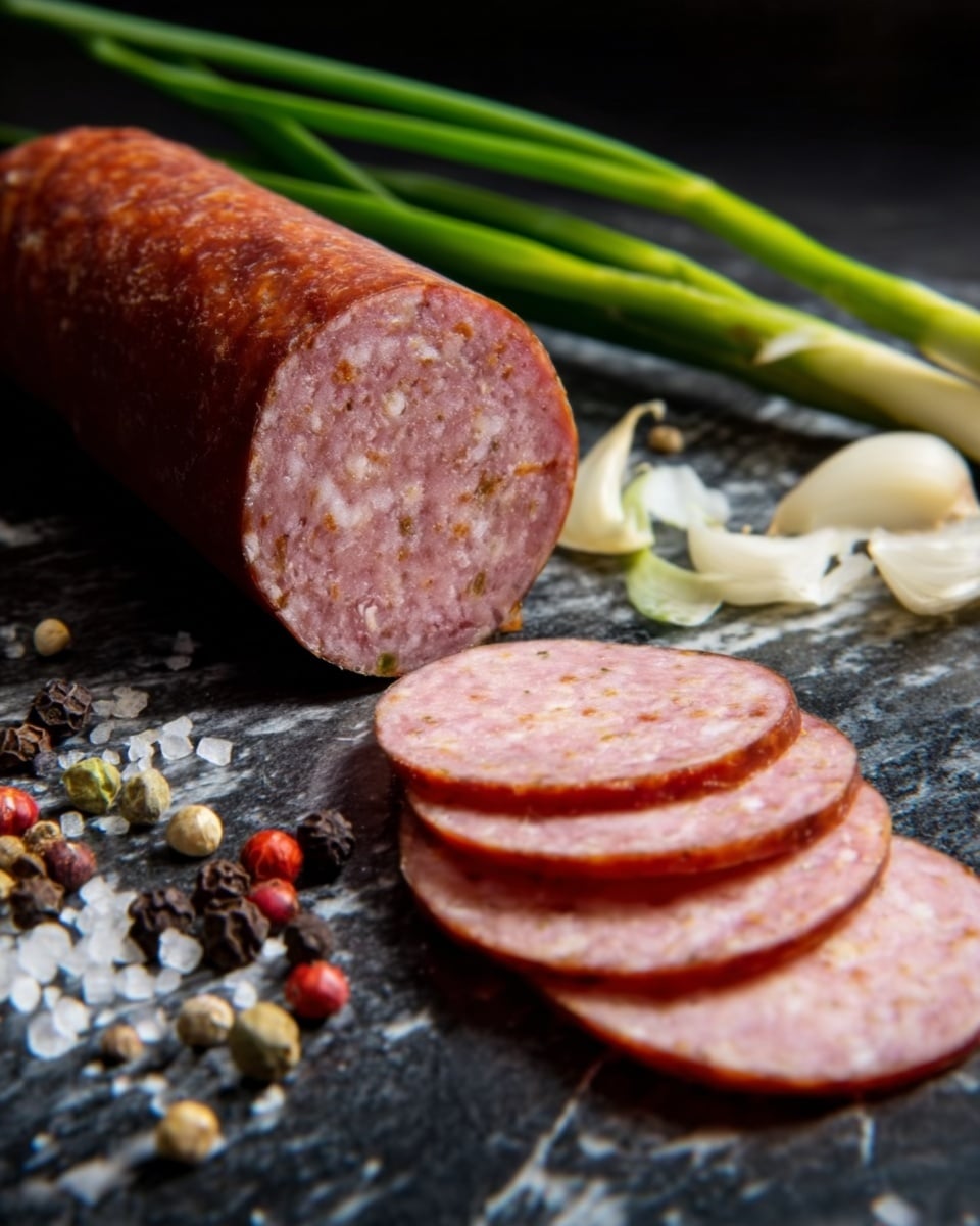 The image shows a partially sliced sausage with a reddish-brown outer skin on a white marbled surface. The full sausage is placed horizontally near the top left, with the sliced pieces arranged in a curved line below it. The inside of the sausage is pale pink with a smooth, slightly marbled texture. Around the sausage, there are scattered whole spices including star anise, peppercorns, and pink salt crystals. In the top right corner, a few green onions lie diagonally across the white marbled surface. photo taken with an iphone --ar 4:5 --v 7