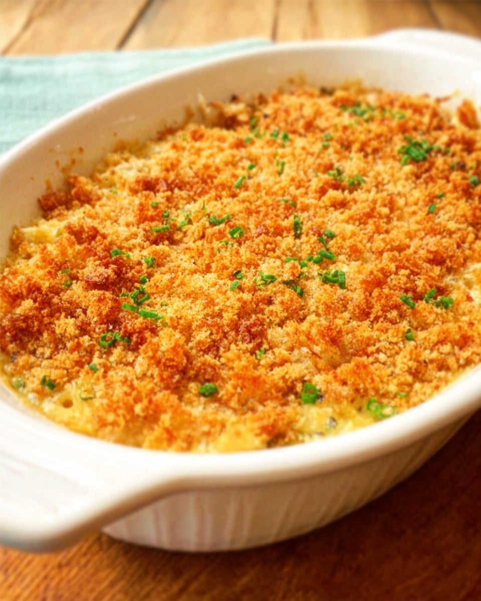 The image shows a white oval baking dish filled with a golden brown baked casserole. The top layer is a crispy, crumbly crust with light brown spots and some small green bits scattered on top. The casserole looks thick and creamy underneath the crust, with no other visible layers. The dish is placed on a wooden surface with a white marbled background. photo taken with an iphone --ar 4:5 --v 7