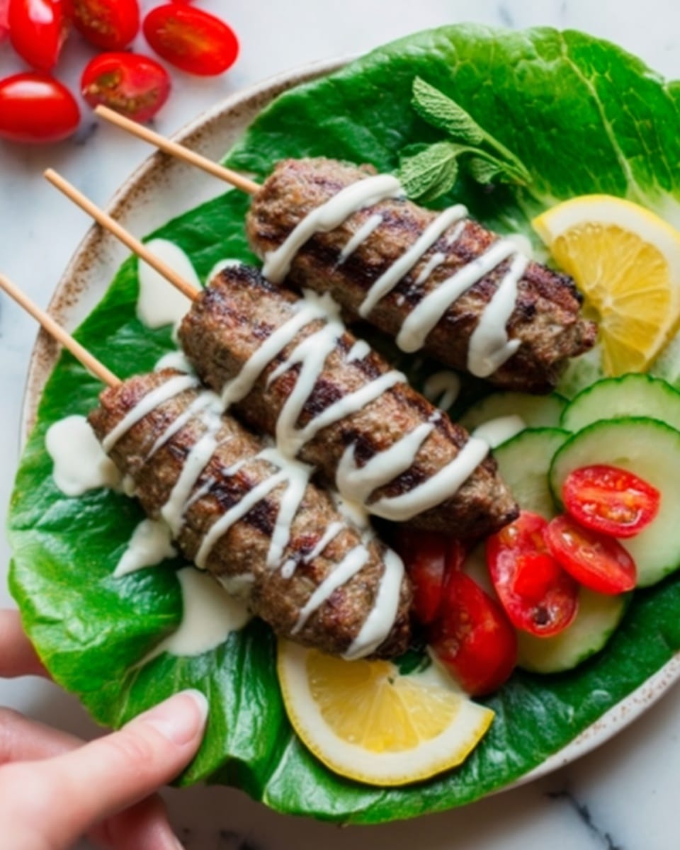 Three grilled meat kebabs with brown, slightly charred texture sit on bright green lettuce leaves in a white plate. The kebabs are drizzled with white sauce in thin lines across the top. Around the kebabs, there are lemon wedges with bright yellow color, sliced red tomatoes with juicy seeds visible, and slices of fresh cucumber with pale green skin and light, translucent centers. In the background, a flatbread with light brown spots is partially visible. The whole scene is set on a white marbled surface. Photo taken with an iphone --ar 4:5 --v 7