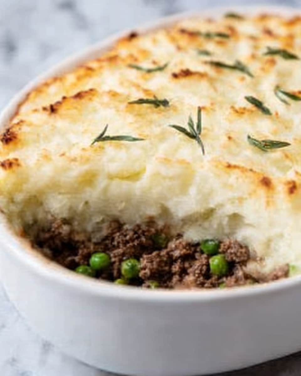 A close-up view of a round white ceramic dish filled with a layered shepherd's pie. The top layer is fluffy, smooth mashed potatoes with light browning and small green herbs sprinkled on top. Below the mashed potatoes, the next visible layer contains cooked ground meat mixed with green peas, showing a textured, meaty, and slightly chunky appearance. The background features a white marbled surface, and a woman's hand is pulling a portion of the dish to reveal the layers inside. Photo taken with an iphone --ar 4:5 --v 7