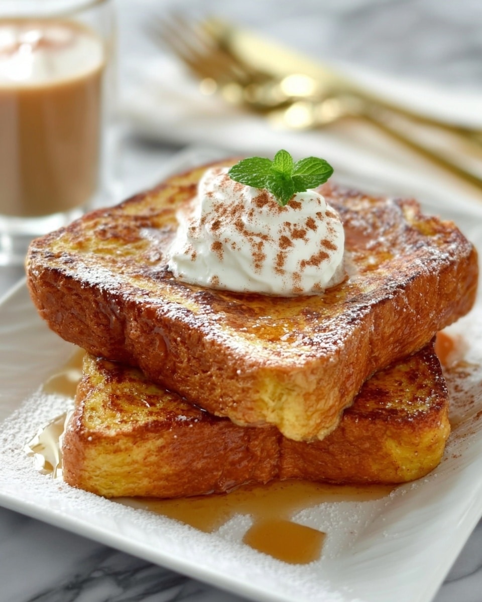Two thick, golden brown slices of French toast are stacked slightly off-center on a white rectangular plate. The top slice has a dollop of white whipped cream with a light dusting of cinnamon or cocoa powder and a small green mint leaf on its right side. A clear syrup glistens over the top and sides of both slices, pooling slightly on the plate. The toast has a soft, slightly spongy texture with some crispy edges. In the background, a blurred light brown drink sits on a white marbled surface, with a gold fork and spoon placed diagonally nearby. Photo taken with an iphone --ar 4:5 --v 7