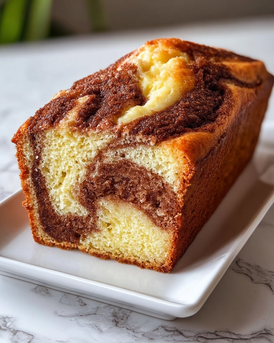 A loaf of marble cake sits on a white plate placed on a white marbled surface. The cake has two main layers with a swirled pattern inside: one light beige and one dark brown, intermingled to create a marble effect. The top of the cake shows a thick cream-colored layer swirled with darker brown, which looks soft and creamy. The edges are well-baked to a golden brown color, with a slightly rough texture where the cake has risen. In the background, there is a green plant in a beige pot. Photo taken with an iphone --ar 4:5 --v 7
