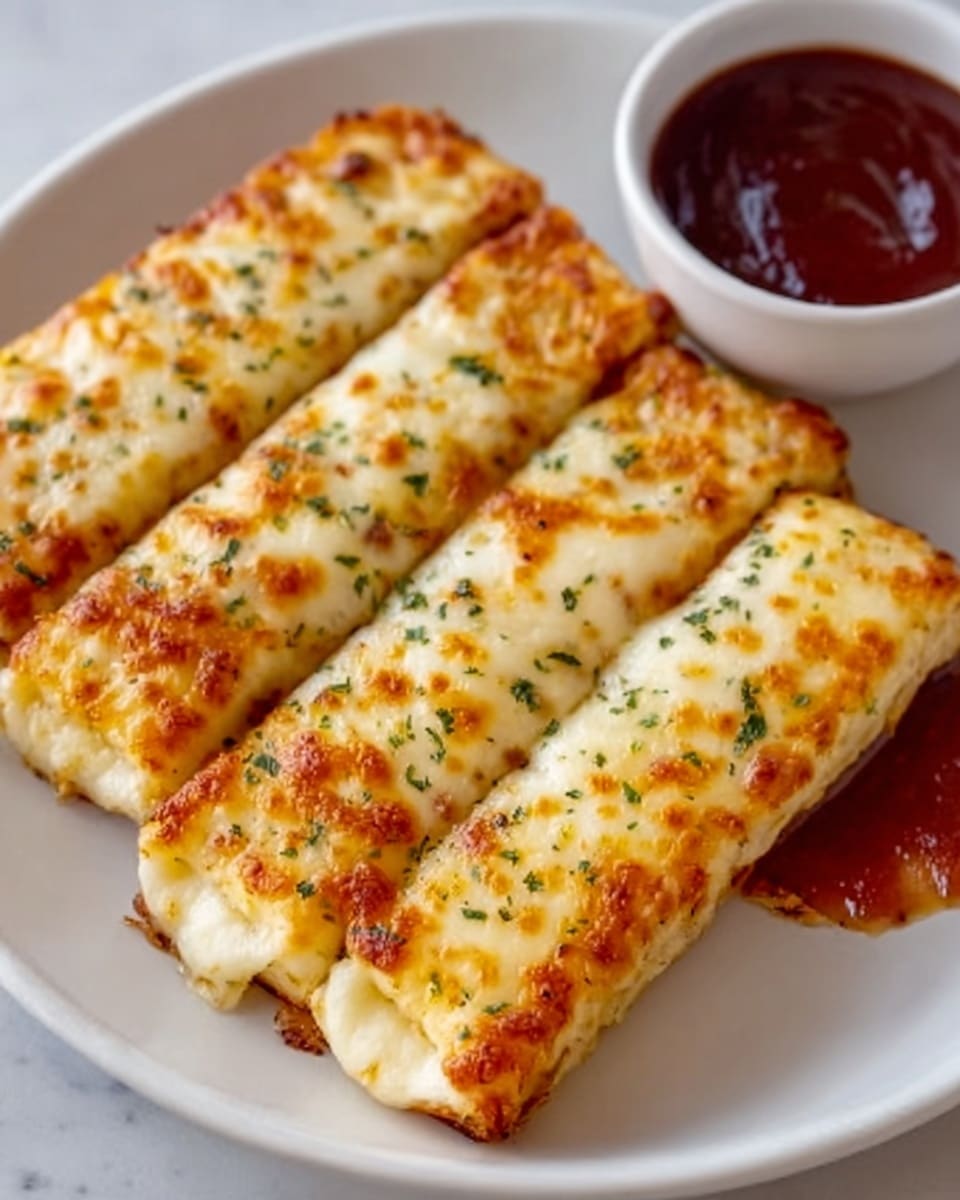 The image shows five cheesy breadsticks lined up on a white plate with a small white bowl of reddish-brown dipping sauce at the top right corner. Each breadstick has a golden brown, slightly crispy top layer speckled with melted cheese and sprinkled herbs. The breadsticks' sides are a pale cream color with a soft texture. The plate sits on a white marbled surface, and the lighting highlights the breadsticks' melted cheese texture and the smooth, thick sauce in the bowl. Photo taken with an iphone --ar 4:5 --v 7