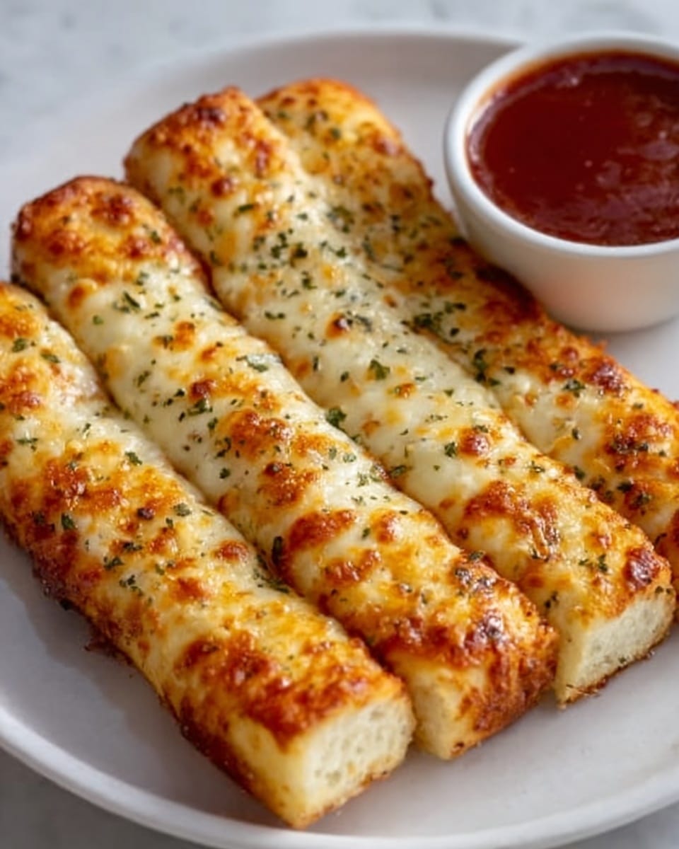 A white plate holds five golden brown cheese sticks arranged side by side, each stick showing a bubbly, slightly crispy melted cheese layer on top with a light sprinkling of green herbs. To the top right corner of the plate, there is a white bowl filled with dark red dipping sauce, and a small amount of the same sauce is spread on the white marbled surface near the bowl, creating a warm and inviting look. The cheese sticks have a smooth, creamy texture inside, visible at the edges. The photo taken with an iphone --ar 4:5 --v 7