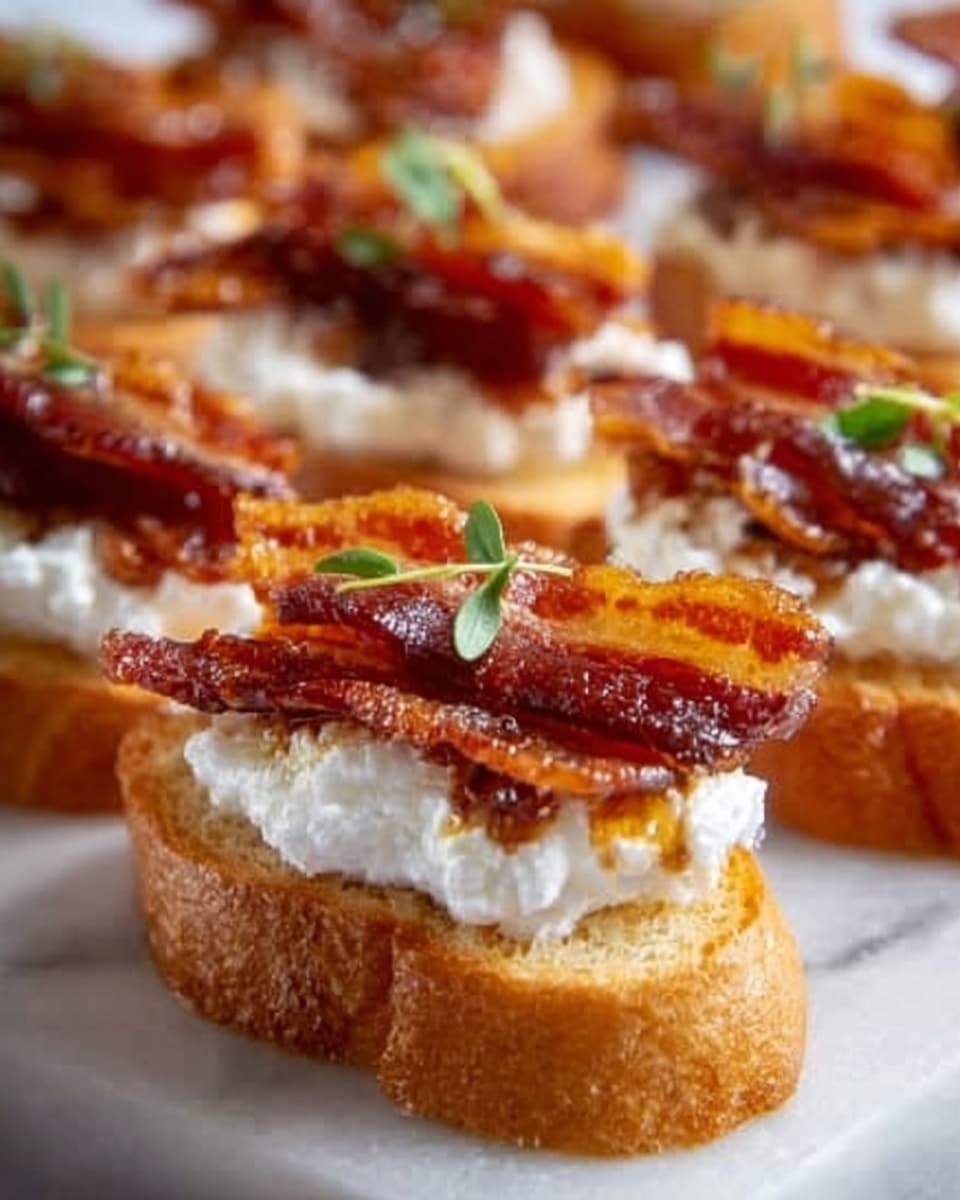 The image shows small sandwiches made with thick slices of light brown toasted bread as the base layer. On top of the bread, there is a thick white creamy layer, with a soft texture. Above this creamy layer, there are crispy strips of reddish-brown cooked bacon, arranged diagonally. Each sandwich is topped with a tiny green herb sprig for decoration. The sandwiches are placed on a white plate against a white marbled textured background. Photo taken with an iphone --ar 4:5 --v 7