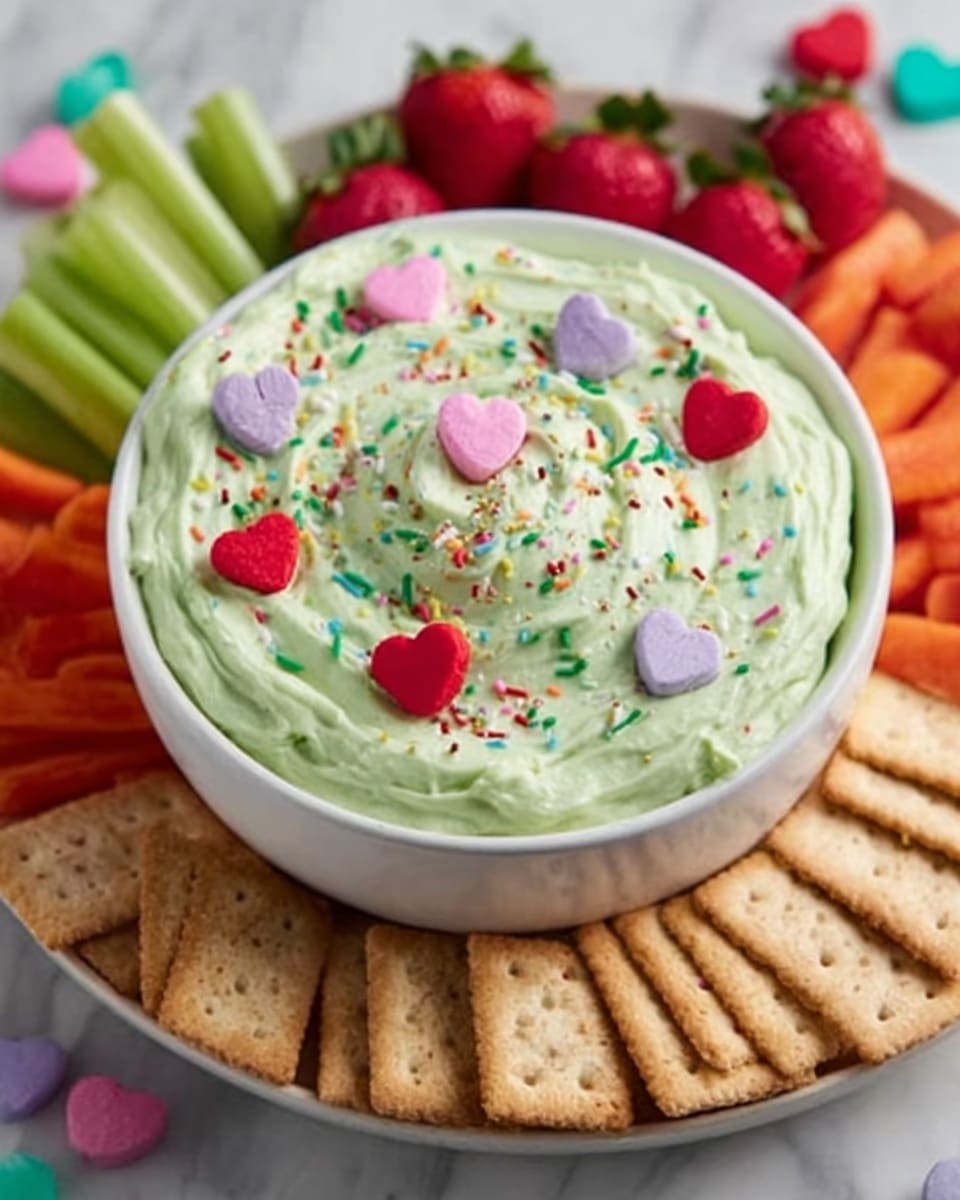 A white bowl of light green creamy dip is centered on a white marbled surface, the dip spread in soft swirls topped with small red and pink heart-shaped candies and colorful sprinkles. Around the bowl, there are fresh carrot sticks, celery sticks, strawberries, and round light brown crackers neatly arranged in separate groups, creating a colorful and inviting presentation. The photo taken with an iphone --ar 4:5 --v 7