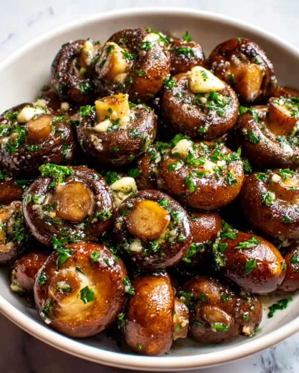 A white bowl filled with whole and halved cooked mushrooms that are dark golden brown and glistening with oil, topped with small chopped fresh green herbs scattered all over. The mushrooms have a slightly wrinkled texture and some pieces show light golden sear marks. The shiny oil adds a moist look, and the green herbs provide a fresh color contrast. The bowl sits on a white marbled surface. Photo taken with an iphone --ar 4:5 --v 7