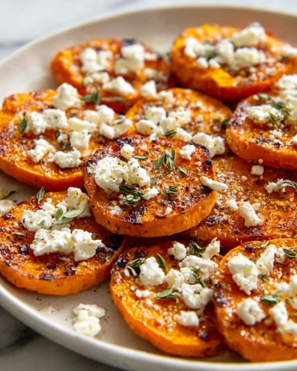 The image shows a close-up of several round slices of roasted sweet potatoes arranged on a white plate. Each slice has a crispy, dark golden-brown outside and a soft, bright orange inside. On top of every slice, there is a generous layer of crumbled white cheese, with some small green herb bits sprinkled over it. The slices are lightly seasoned with black pepper and small white seeds. The plate sits on a smooth white marbled surface. photo taken with an iphone --ar 4:5 --v 7