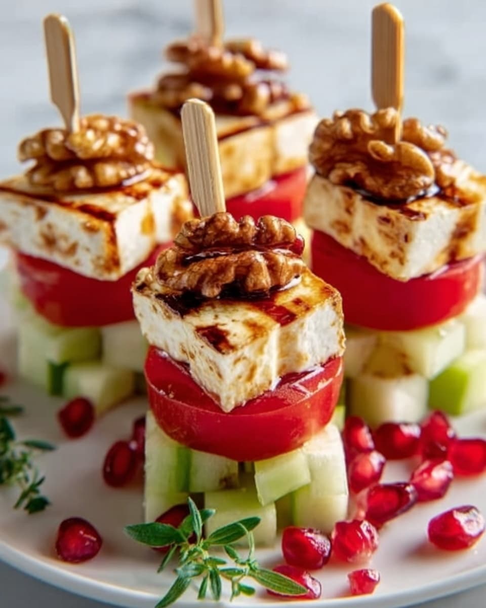 The image shows several small stack-style appetizers on white round plates. Each stack has three main layers: a bottom layer of light green and white cucumber slices, a middle layer of red tomato slices, and a top layer of a white cube of cheese, each topped with a brown walnut. A small wooden stick goes through all layers, holding them together. Around the stacks, there are small red pomegranate seeds and green herb sprigs scattered on a white marbled surface. photo taken with an iphone --ar 4:5 --v 7