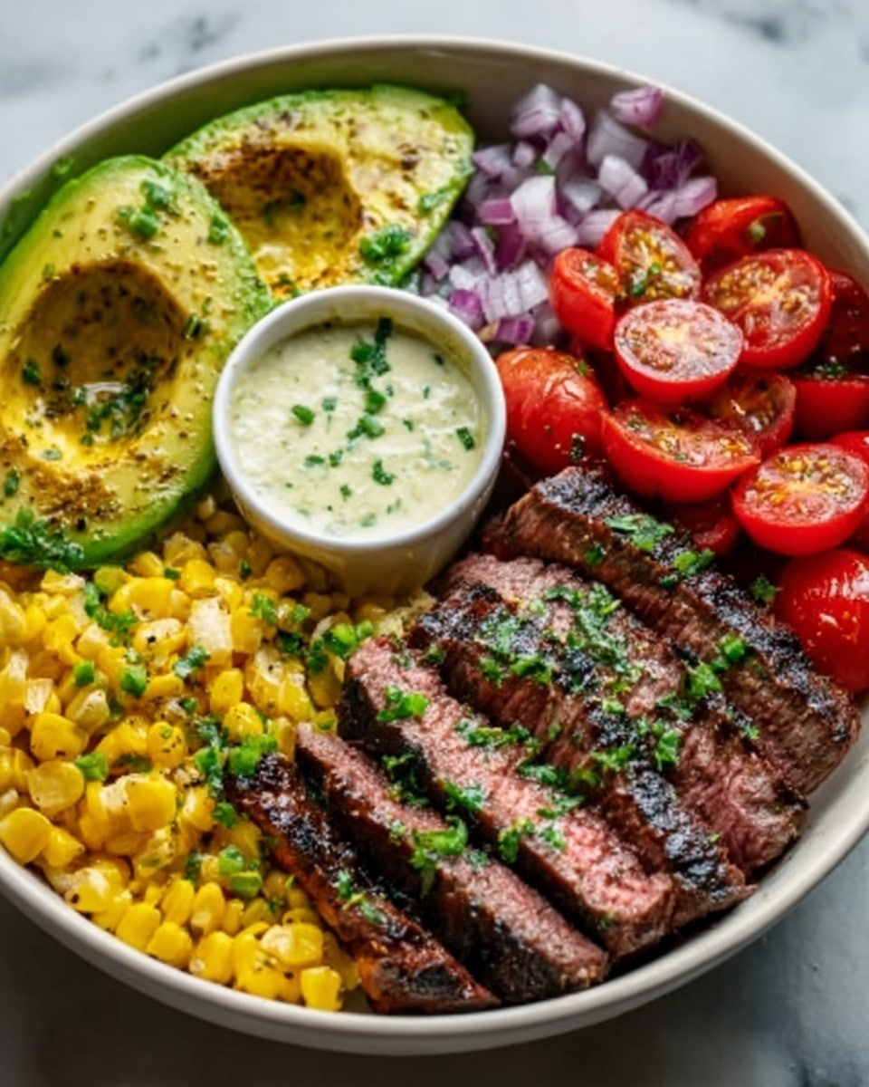 The image shows a white bowl filled with a colorful layered meal. The bottom layer is light beige quinoa covering the base. On top, there are bright yellow corn kernels mixed with green herbs on the left side. Next to the corn, there are thick slices of medium-rare steak, cooked with a pink center and garnished with green herbs. Above the steak, there is a section of sliced avocado, light green in color with a smooth texture. To the right, the bowl has red roasted cherry tomatoes. In the top left corner inside the bowl, a small white ramekin holds a creamy beige sauce with green herbs on top. The bowl sits on a white marbled surface. Photo taken with an iphone --ar 4:5 --v 7