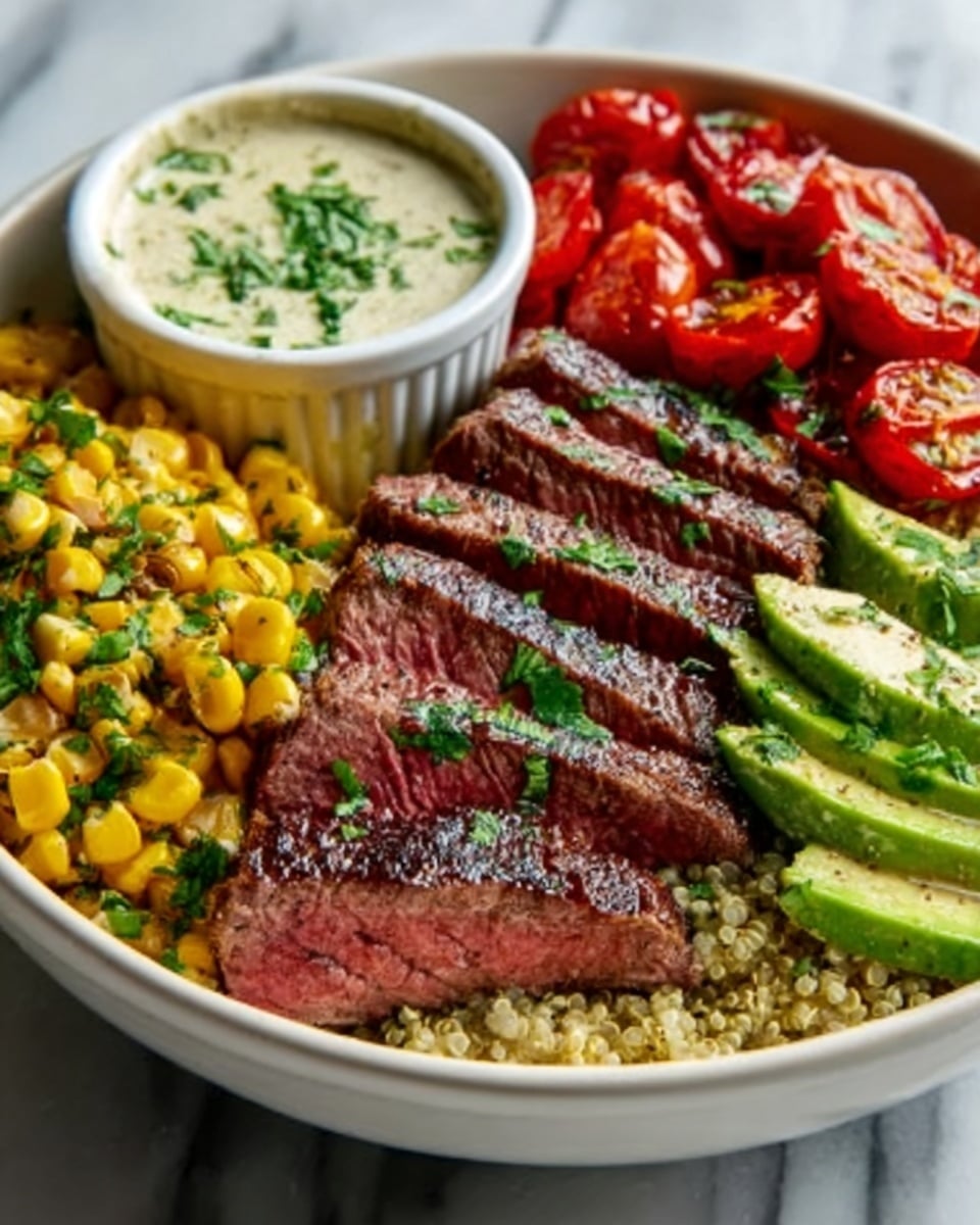 A white bowl is filled with a colorful mix of food in separate sections. One side has bright yellow corn with green herbs sprinkled on top. Next to it are large slices of grilled avocado with a light char. On the other side, juicy red cherry tomatoes sit beside finely chopped red onions. In the center, there are slices of medium-rare steak, showing a dark brown grilled outside and pink inside, topped with green chopped herbs. A small white cup with creamy sauce and green herbs is placed on the edge of the bowl. All of this is on a white marbled surface. Photo taken with an iphone --ar 4:5 --v 7