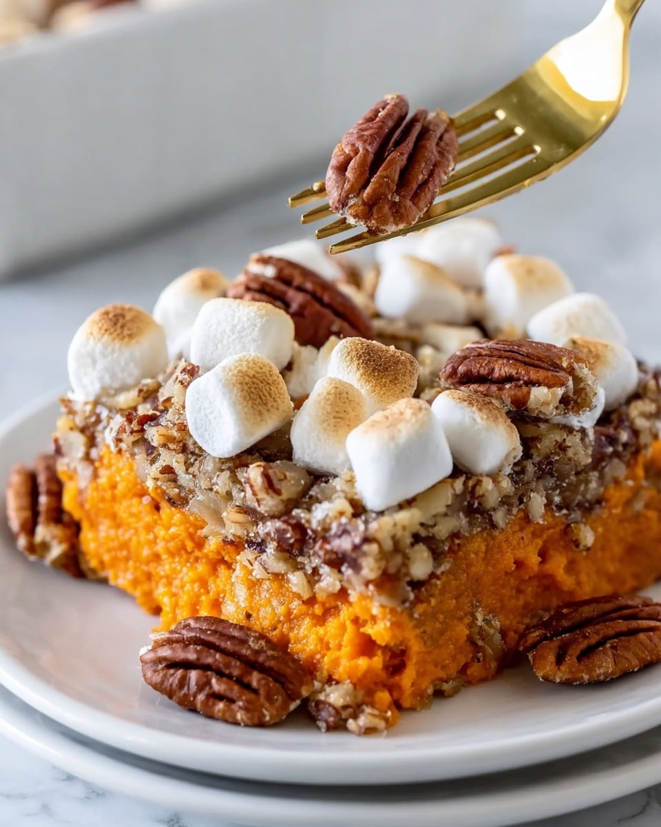 The image shows a close-up of a thick slice of orange sweet potato casserole on a white plate with a white marbled texture surface beneath. The casserole has two visible layers: a soft, bright orange base with a mashed texture, and a crunchy brown pecan topping mixed with chopped nuts. On top of this topping, there are many small, slightly toasted white marshmallows with light brown spots. A gold fork is holding a piece of the casserole with a whole pecan and marshmallows on it. In the blurred background, more of the casserole is visible, showing the same layers and textures. photo taken with an iphone --ar 4:5 --v 7