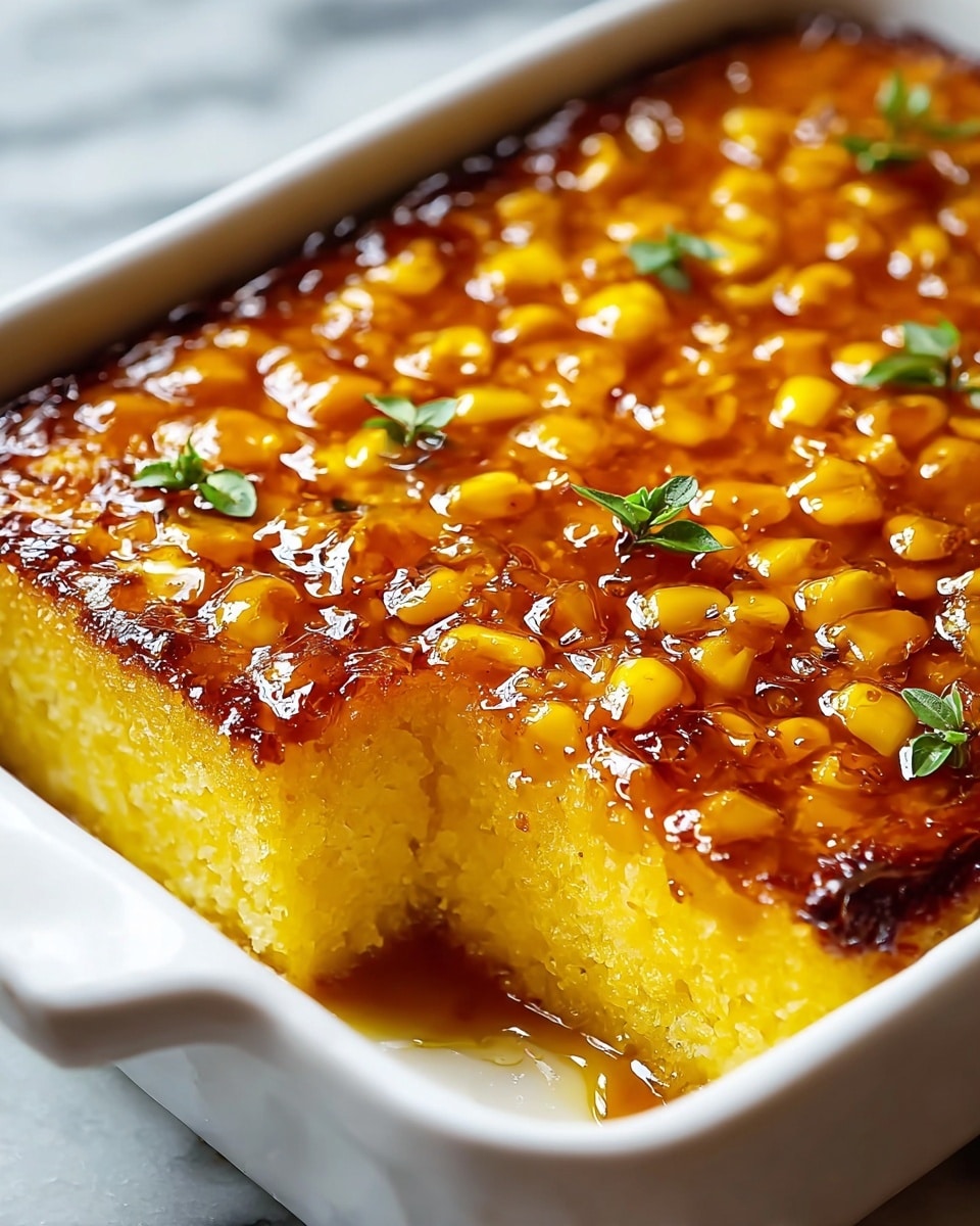 A close-up view of a baked dish in a white square ceramic baking dish with three visible layers: the bottom layer is a soft, moist, light yellow cake with a fluffy texture, the middle layer is a thick, golden brown caramelized syrup that glistens with a sticky, shiny texture, and the top layer is glossy yellow corn kernels mixed with the syrup, sprinkled with small green herb leaves for color contrast. A section of the cake is cut out, showing the layers clearly, and the background has a white marbled texture. photo taken with an iphone --ar 4:5 --v 7