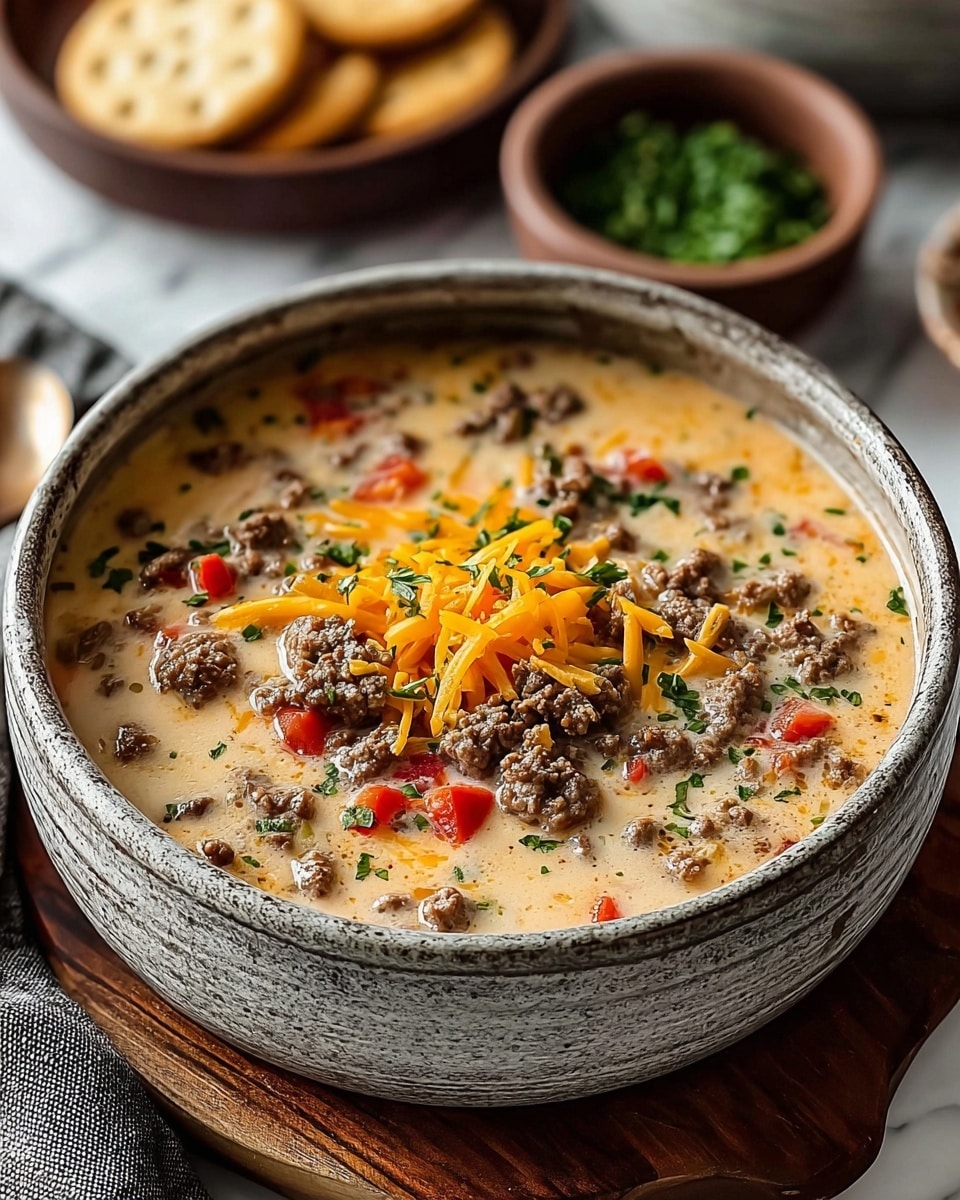 A rustic ceramic bowl filled with creamy soup that has several layers: a light beige creamy base with visible small vegetable pieces, topped with cooked ground meat in grayish-brown clumps, sprinkled with bright orange shredded cheddar cheese and small green herb bits scattered on top, all set on a round wooden board against a white marbled surface. In the background, there is a white bowl with green chopped herbs and another white bowl with round crackers. photo taken with an iphone --ar 4:5 --v 7