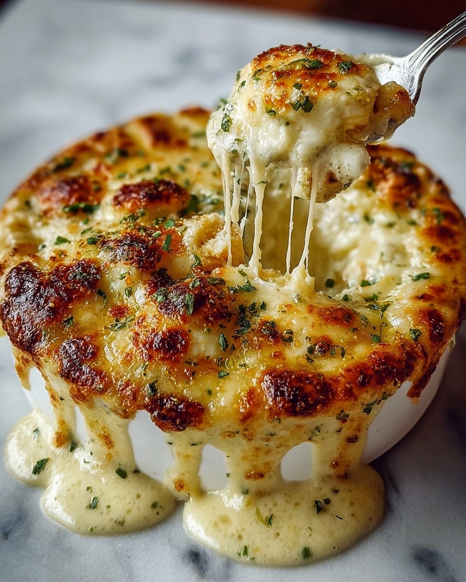 The dish is a baked cheesy casserole served in a round white ramekin filled to the top with soft, golden-brown cheesy dollops slightly puffed on the surface. The top layer has uneven browned spots with some melted cheese bubbling and sprinkled with herbs. A spoon lifts one cheesy dollop from the center, showing gooey, stretchy melted cheese strands pulling away from the dish. The edges of the ramekin have melted cheese dripping down, pooling on the white marbled surface beneath. Photo taken with an iphone --ar 4:5 --v 7
