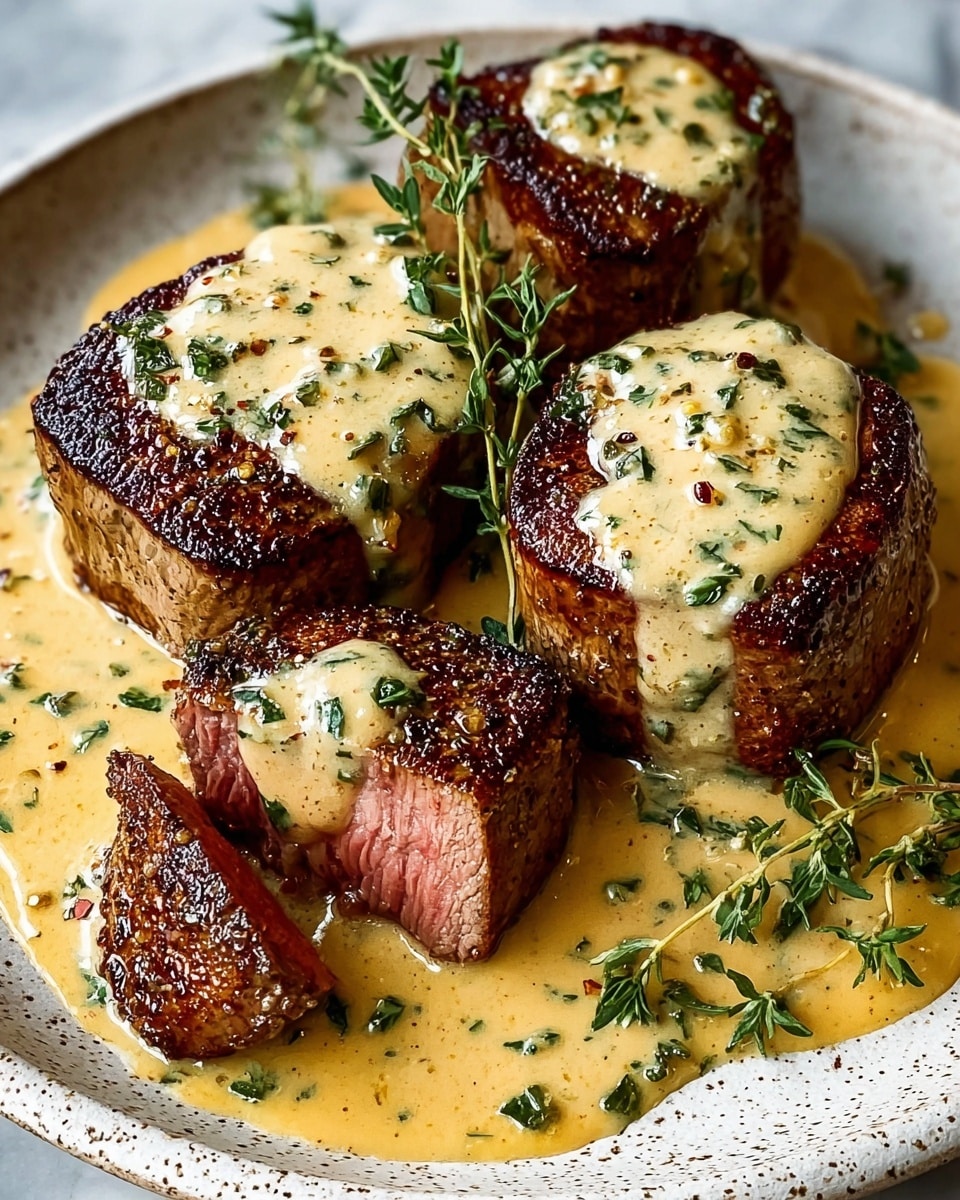 The image shows four thick, juicy filet mignon steaks with a dark brown, crispy sear on the edges, arranged on a white plate. Each steak is topped with creamy light beige sauce speckled with finely chopped green herbs, which also pools around the base of the steaks covering the plate’s surface. One steak is cut in half, revealing a tender, slightly pink interior. Fresh sprigs of green thyme lay on top of the steaks and around the plate, adding color contrast. The plate is set on a white marbled texture background. photo taken with an iphone --ar 4:5 --v 7