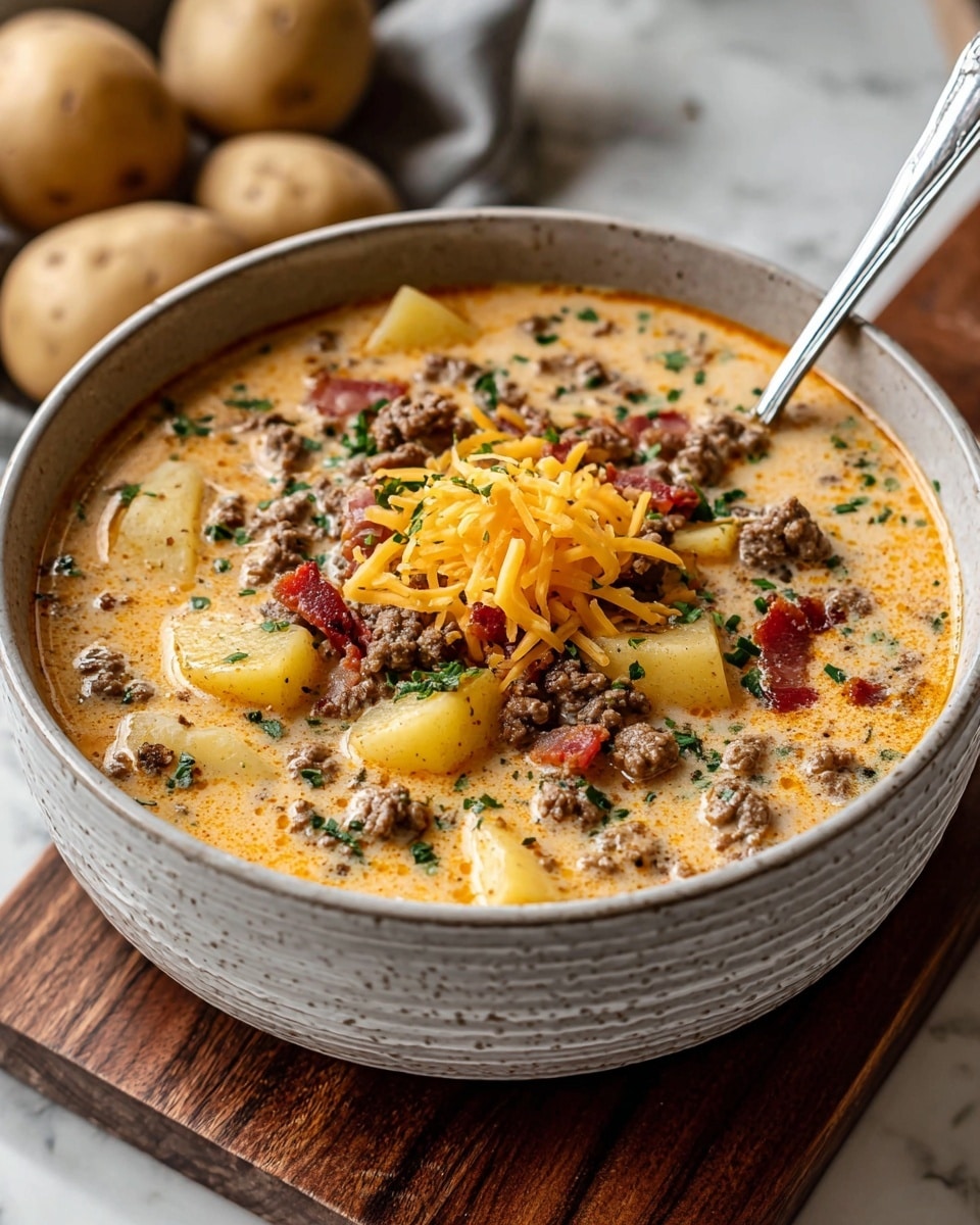 A thick creamy soup is served in a large gray bowl with two handles, filled with chunks of light yellow potatoes, brown ground beef, and small pieces of red bacon mixed into the pale orange broth. A small pile of shredded bright orange cheddar cheese sits on top in the center. The soup is sprinkled with finely chopped green herbs. A silver spoon rests inside the bowl on the right side. The bowl sits on a wooden board with small light brown potatoes in the background on the left, all placed on a white marbled surface. Photo taken with an iphone --ar 4:5 --v 7