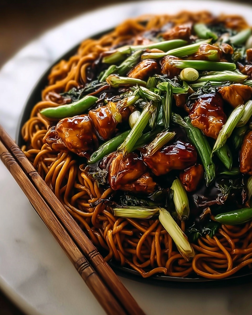 The dish shows a close-up of a plate of stir-fried noodles as the bottom layer, with a glossy brown sauce coating them, giving a rich and smooth texture. On top of the noodles are medium-sized chunks of shiny, glazed chicken, mixed with bright green vegetables like snap peas and chopped scallions adding a fresh, crisp contrast. There is steam rising from the plate, showing the food is hot and freshly cooked. The plate underneath is white, sitting on a white marbled surface, and a pair of chopsticks rests on the right side of the image. photo taken with an iphone --ar 4:5 --v 7