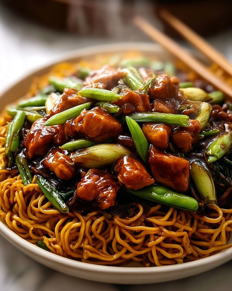A close-up of a delicious plate of stir-fried noodles layered at the bottom in a glossy brown color with slightly thick strands. On top, there are golden-brown pieces of chicken coated in a shiny dark sauce, spread evenly. Fresh green vegetables, including chopped green onions and green beans, are scattered generously over the chicken, adding a fresh splash of color and texture. Light steam rises gently, showing the dish is hot and fresh. The food is served in a white plate placed on a white marbled surface with a pair of wooden chopsticks resting beside it. photo taken with an iphone --ar 4:5 --v 7