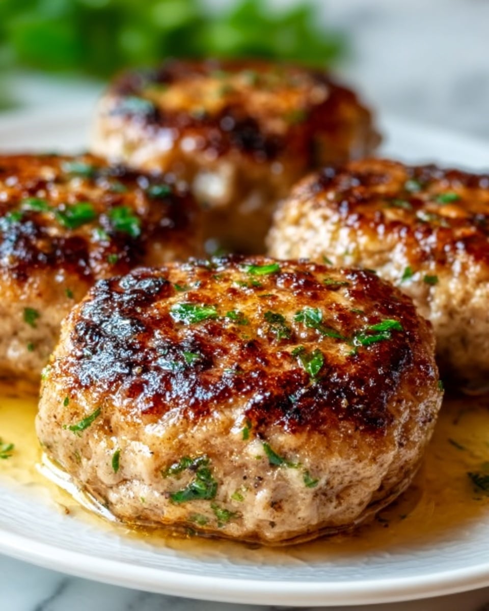 The image shows three juicy, golden-brown meat patties with a slightly crispy, caramelized surface and small green herb pieces sprinkled on top. The patties have a round, thick shape and a moist texture with a shiny glaze of sauce beneath them. They are placed closely together on a white plate. The white marbled surface underneath gives a clean, bright backdrop that highlights the rich color and texture of the patties. photo taken with an iphone --ar 4:5 --v 7