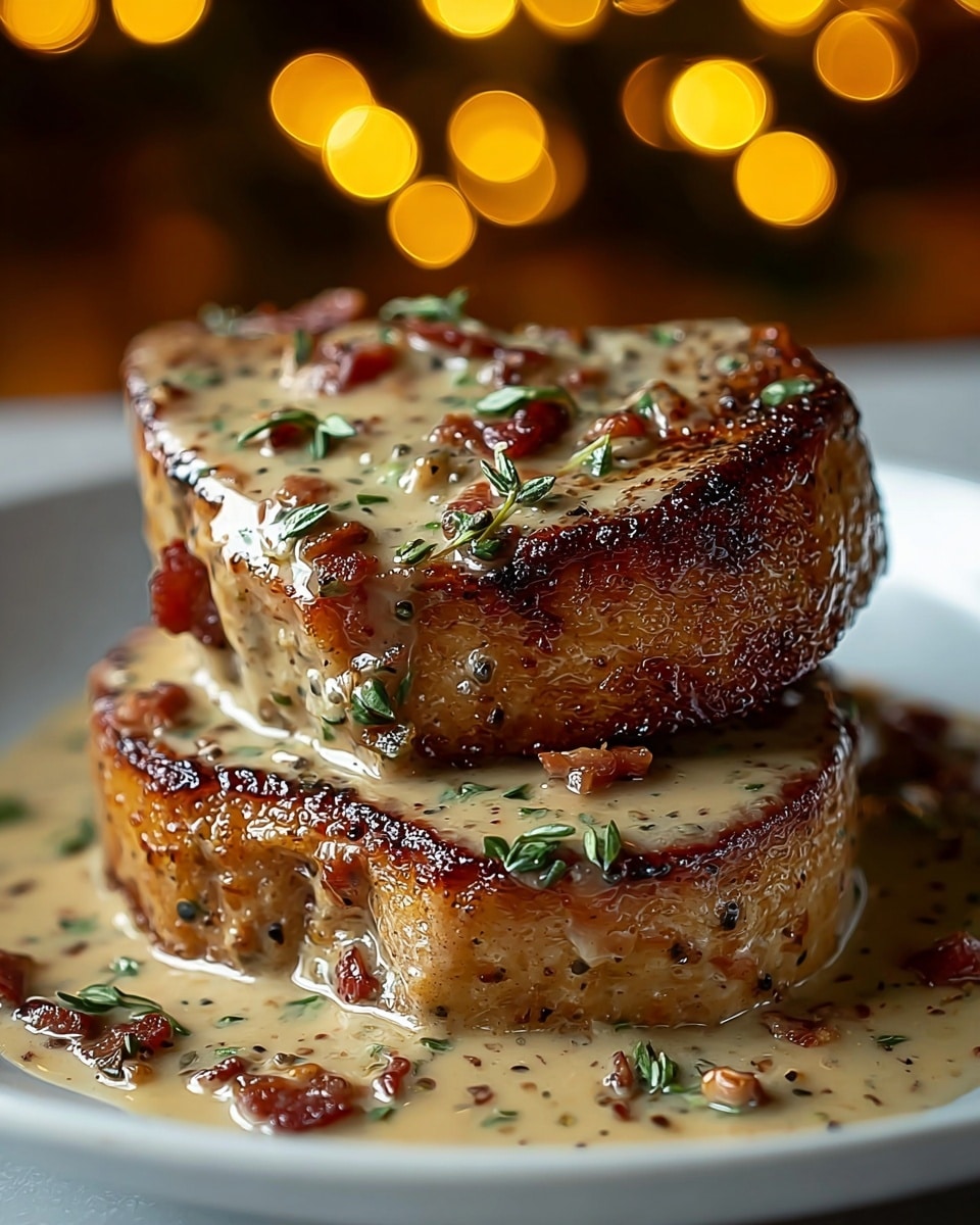 Two thick pieces of browned meat stacked on a white plate. The top piece is covered with light brown sauce that has small green herbs and bits of crispy bacon scattered on it. The sauce pools at the bottom and looks glossy and smooth, with droplets of liquid catching the light. The meat has a shiny, seared crust with a textured surface showing seasoning. The background is a white marbled texture with soft, warm circular lights out of focus. photo taken with an iphone --ar 4:5 --v 7