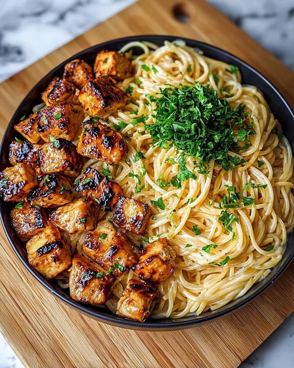 A black bowl filled with creamy spaghetti occupies the bottom two-thirds of the image, the noodles coated in a smooth sauce and sprinkled with chopped green herbs. On top, there is a layer of medium-sized grilled chicken cubes, golden with a shiny glaze and charred marks, arranged closely over the pasta mainly on the left side. In the upper right of the bowl, a small bunch of fresh, finely chopped leafy green herbs adds a fresh contrast. The bowl sits on a wooden cutting board, all placed on a white marbled surface. Photo taken with an iphone --ar 4:5 --v 7