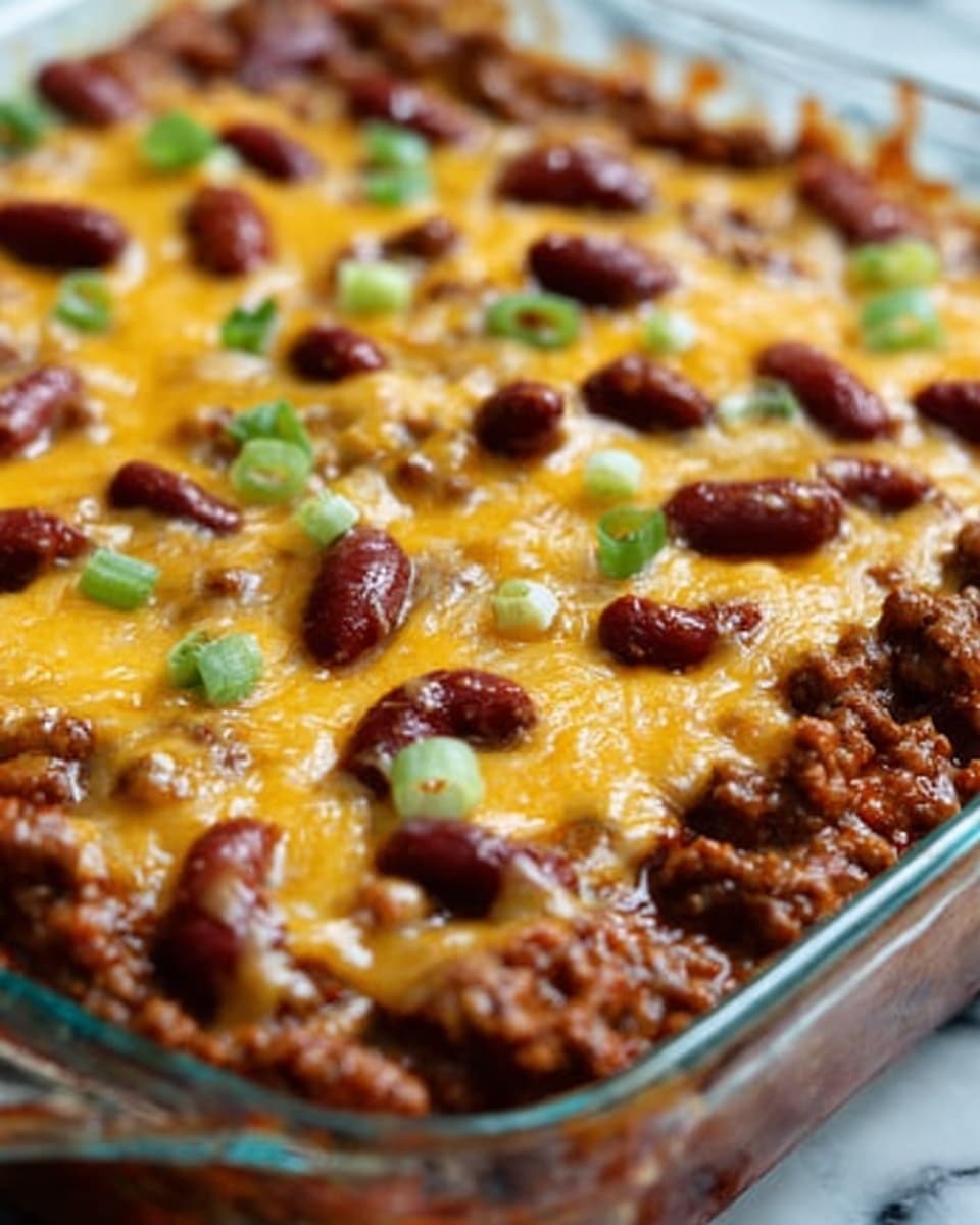 The image shows a close-up of a baked dish in a clear glass rectangular baking dish. The top layer is golden melted cheese with small browned spots, dotted with evenly spread small dark brown kidney beans. Underneath, a textured layer of seasoned ground beef is visible through the cheese and beans. In the top left corner, some chopped fresh green onions are sprinkled lightly over the cheese, adding a touch of bright green color. The background surface is a white marbled texture. Photo taken with an iphone --ar 4:5 --v 7