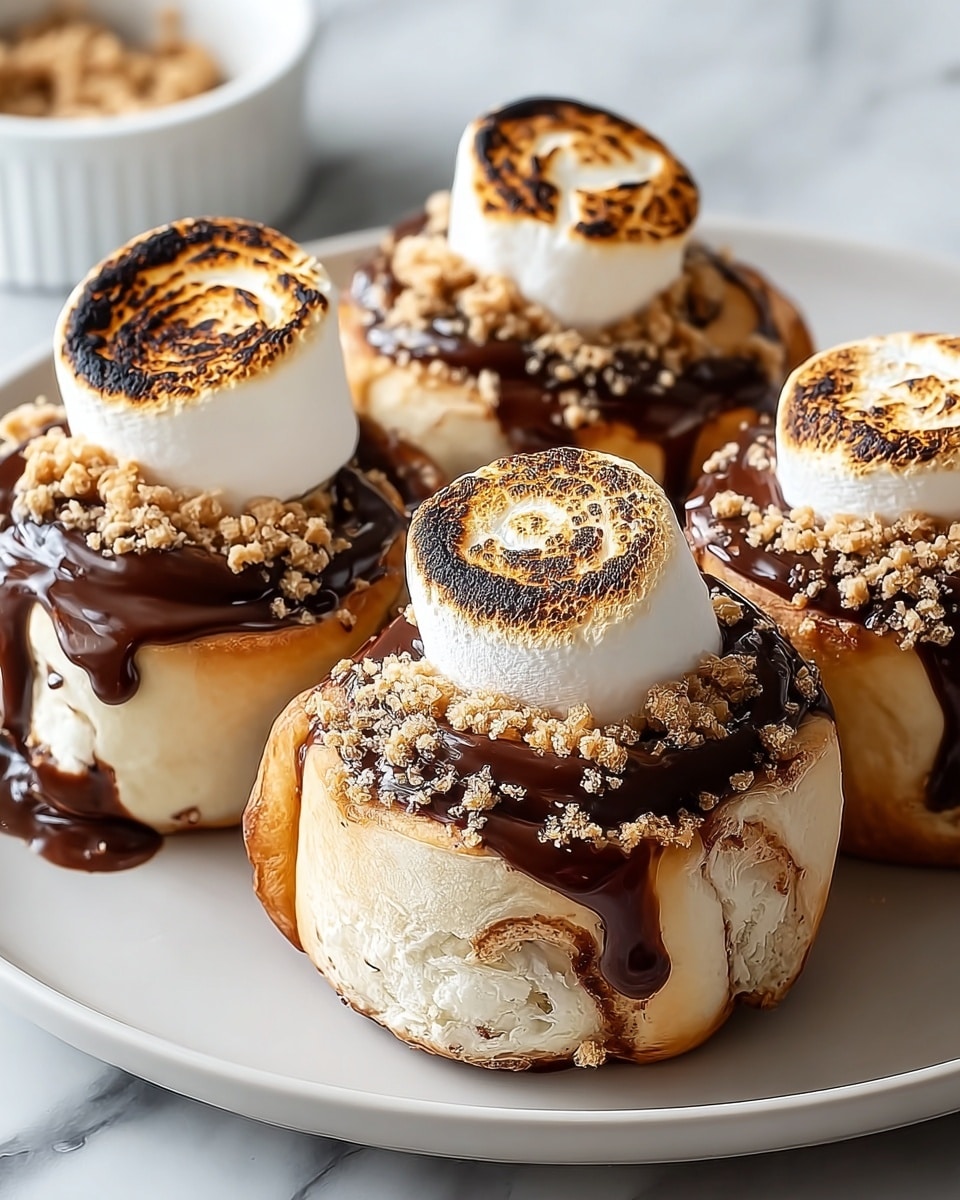 The image shows four thick, golden-baked rolls placed close together on a white plate. Each roll is topped with a smooth, dark brown layer of melted chocolate spread, sprinkled with light brown crushed crumbs. On top of each is a large toasted marshmallow with a golden-brown charred surface. One roll in front has a bite taken out, revealing the soft, fluffy white inside. The plate rests on a white marbled surface. In the background, there is a white bowl with extra crumbs, slightly out of focus. photo taken with an iphone --ar 4:5 --v 7