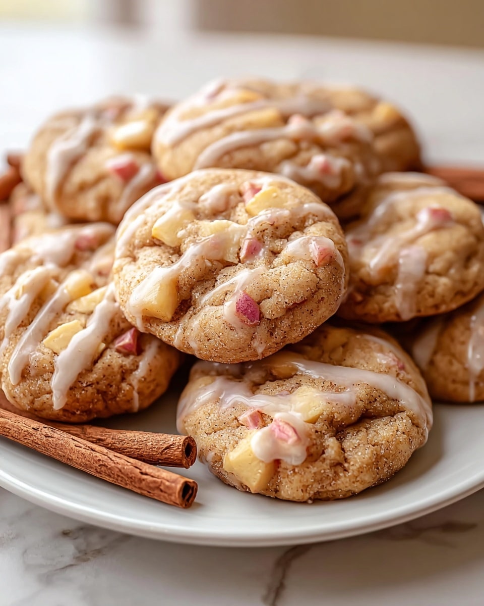 A white plate holds a pile of soft cookies, each cookie showing a warm golden-brown color with visible small chunks of apples inside. A light drizzle of creamy white icing covers the tops, adding shine and texture. The cookies have a slightly cracked surface with a sugary coating giving them a sparkly look. Two cinnamon sticks lie next to the cookies on the plate. The background features a smooth white marbled texture. photo taken with an iphone --ar 4:5 --v 7