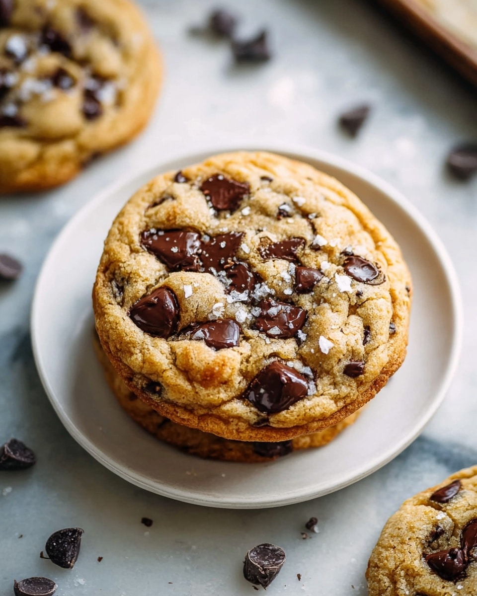 A white plate holds two large chocolate chip cookies stacked, with the top cookie showing many shiny dark chocolate chips embedded in a golden-brown, soft and slightly cracked dough. The cookie surface is sprinkled with coarse sea salt flakes, adding texture and shine. Around the plate are scattered chocolate chips and more cookies partially visible, all resting on a white marbled texture. The scene is lit by soft natural light, highlighting the cookie’s chewy texture and the contrast between the golden dough and dark chocolate. photo taken with an iphone --ar 4:5 --v 7