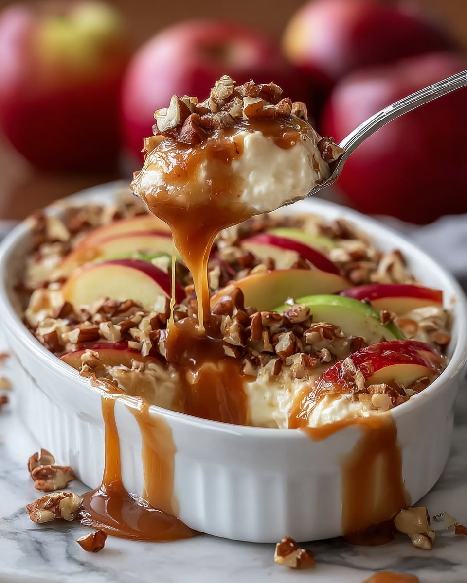 A white ceramic dish holds a dessert with three visible layers, starting with a creamy white base layer at the bottom, topped by a thick caramel sauce layer in rich golden brown that drips slightly over the edge of the dish. On top, there are fresh apple slices with red and yellow skin along with chopped mixed nuts scattered evenly, adding a crunchy texture. A spoon lifts a portion from the dish, showing all the layers clearly with the caramel sauce dripping down the sides, set against a white marbled texture background and blurred red apples in the back. Photo taken with an iphone --ar 4:5 --v 7