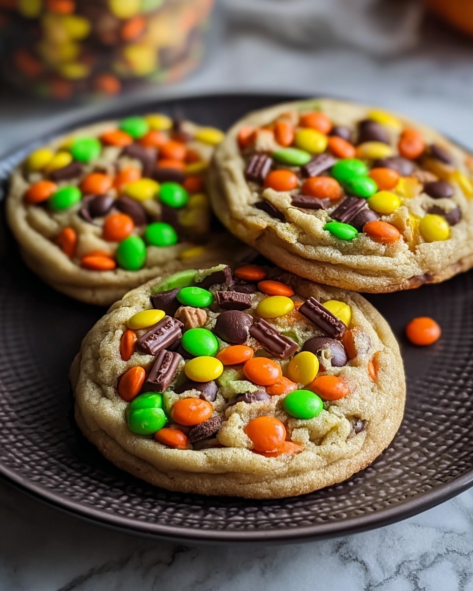 Three round cookies rest on a dark textured plate placed on a white marbled surface. Each cookie has one main layer of soft, golden-brown dough with a slightly cracked surface. The top layer is fully covered with small, colorful candy pieces in bright orange, yellow, green, and brown. There are smooth, round candy-coated chocolates and small rectangular chocolate pieces evenly spread out, giving a textured and vibrant look to the cookies. In the background, part of an orange item is visible, adding warmth to the scene. photo taken with an iphone --ar 4:5 --v 7