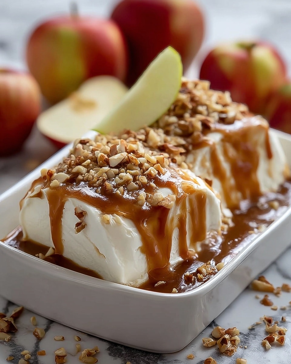 The image shows a white rectangular baking dish filled with two large scoops of creamy white ice cream. The ice cream is topped with thick, glossy caramel sauce dripping over the sides and sprinkled with small, chopped crunchy nuts. To the left of the ice cream, there is a thin sliced apple piece resting against the ice cream. In the background, there are whole and halved red apples slightly blurred, all set on a white marbled surface. photo taken with an iphone --ar 4:5 --v 7