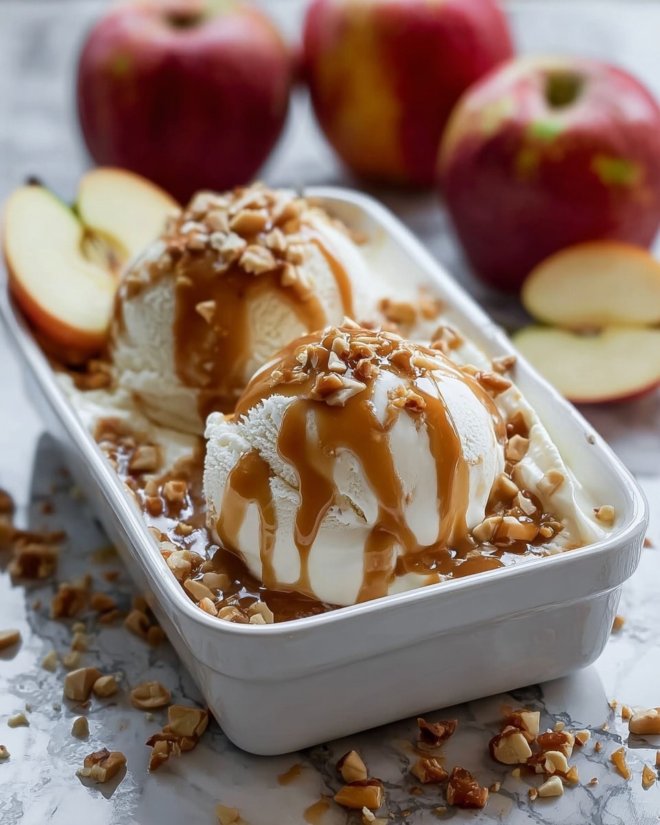 The image shows a white rectangular dish filled with two large, smooth, white cream cheese rolls placed side by side. The cream cheese is covered with a thick drizzle of rich brown caramel sauce that spills over the edges of the rolls and the dish. On top of the caramel, there is a layer of finely chopped nuts and crumbles adding a rough texture and light brown to golden colors. A thin slice of apple with light green peel and pale flesh leans against one roll on the left side. In the background, there are blurred whole and sliced apples with red and yellow colors on a white marbled texture. photo taken with an iphone --ar 4:5 --v 7