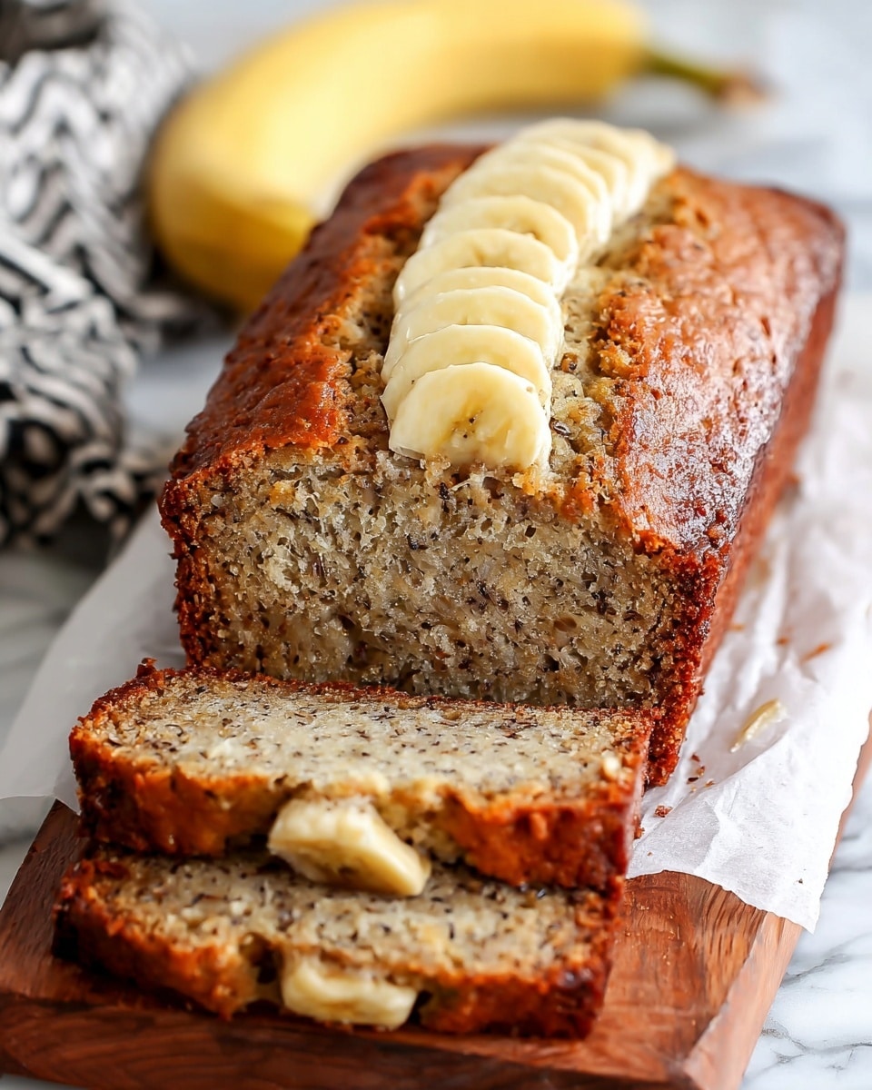 A loaf of banana bread with a golden-brown crust sits on white parchment paper on a wooden board placed on a white marbled surface. The bread has two visible slices cut from the front, showing a moist and dense inside with small dark specks. On top of the loaf, there is a row of four pale yellow banana slices placed down the center. In the background, slightly out of focus, there is a yellow banana and a bowl with a spread. photo taken with an iphone --ar 4:5 --v 7