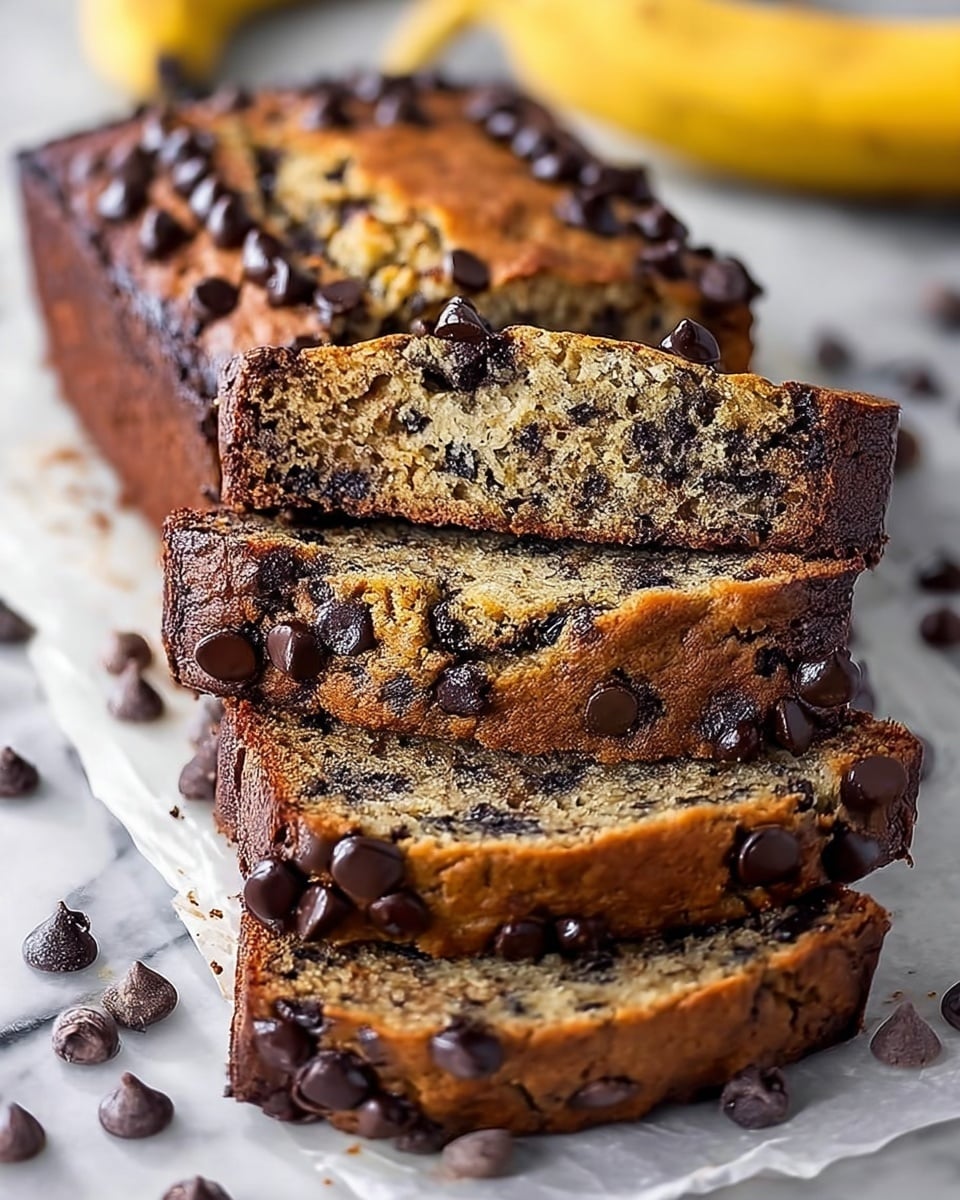 The image shows a loaf of banana bread sliced into four thick pieces, lying on white parchment paper on a white marbled surface. The bread has a golden brown crust with a slightly darker edge and is studded generously with dark chocolate chips both inside and on top. The texture of the bread looks moist and dense with pieces of chocolate visible throughout. Around the bread on the white marbled surface, there are scattered dark and white chocolate chips adding a casual touch. A ripe yellow banana is blurred in the background. Photo taken with an iphone --ar 4:5 --v 7