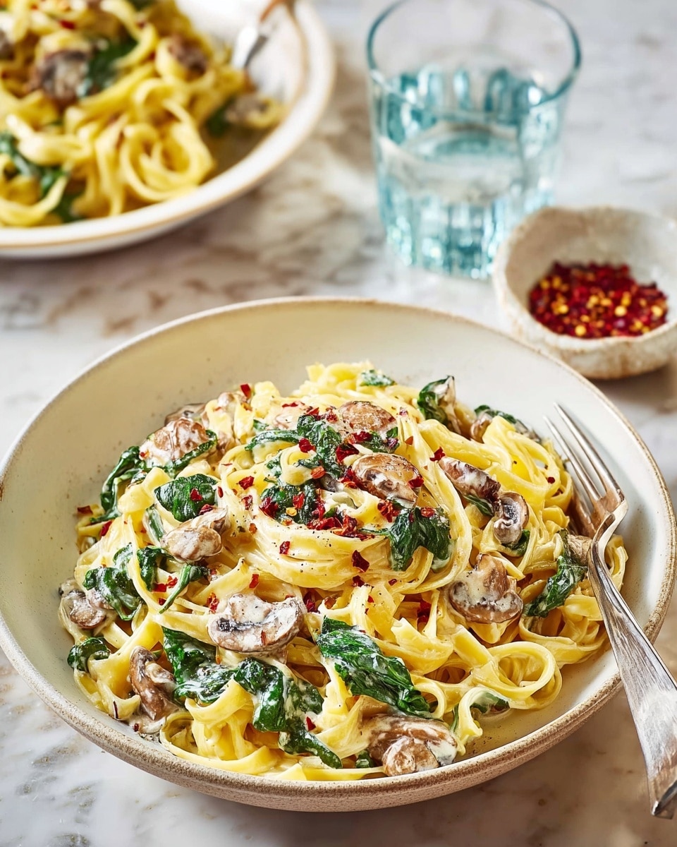 A bowl of creamy pasta with three visible layers: the bottom layer is light yellow creamy sauce coating broad fettuccine noodles, the middle layer contains pieces of browned mushrooms and fresh green spinach leaves mixed in, and the top layer is sprinkled with red chili flakes and black pepper, adding a pop of color and texture. The pasta is placed in a white bowl and sits on a white marbled surface. In the background, a woman's hand is holding a fork resting on another white bowl of pasta, and there is a small white dish filled with red chili flakes nearby. photo taken with an iphone --ar 4:5 --v 7